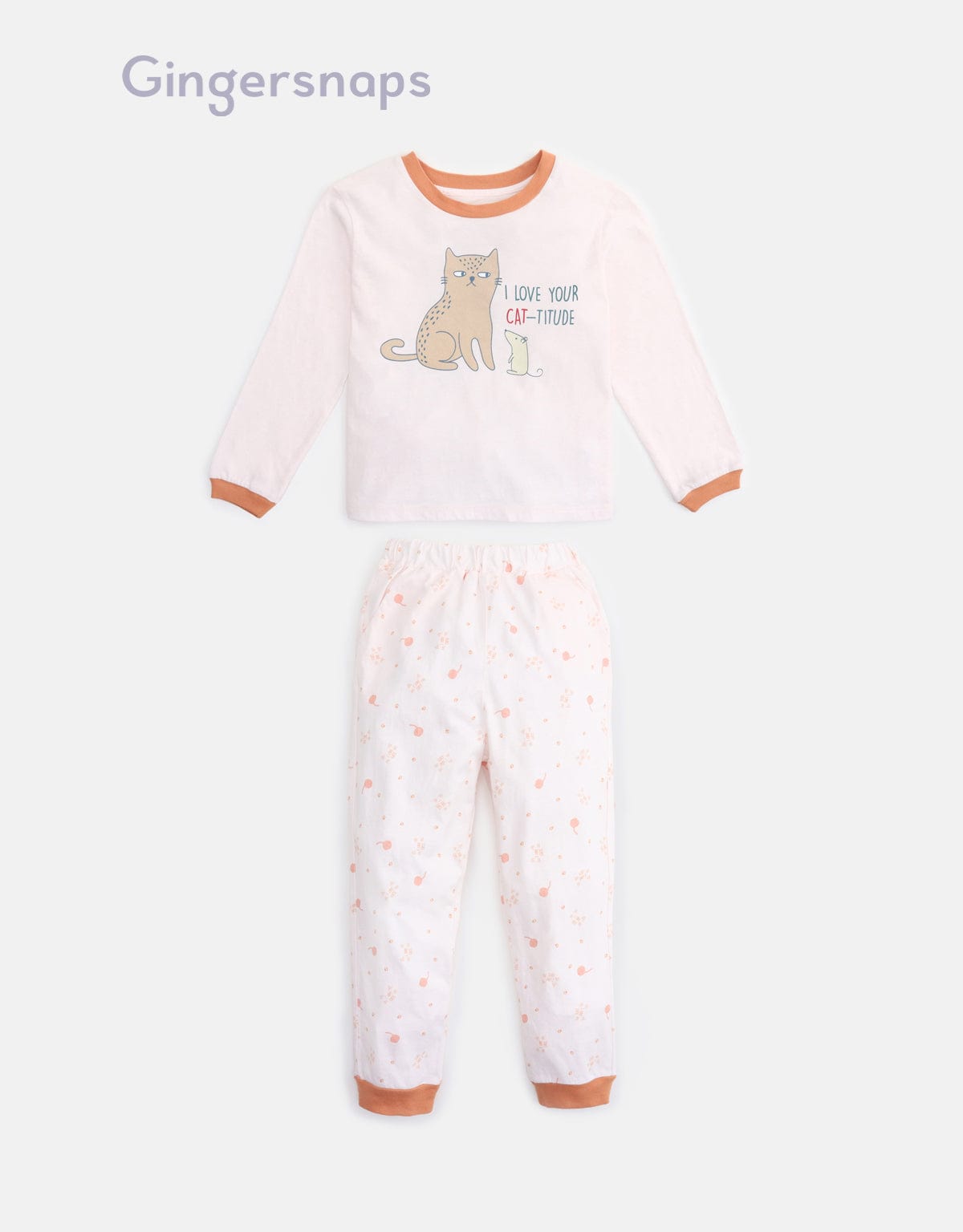 جينجرسنابس بيجامة بناتي تيشيرت مطبوع وبنطلون منقوش أبيض