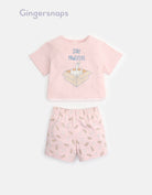 جينجرسنابس بيجامة بناتي بلوزة مطبوعة نص كم وتنورة منقوش وردي