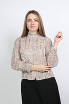 نتشي بلوزة مشجرة برقبة كلوش كم طويل واسع نسائي