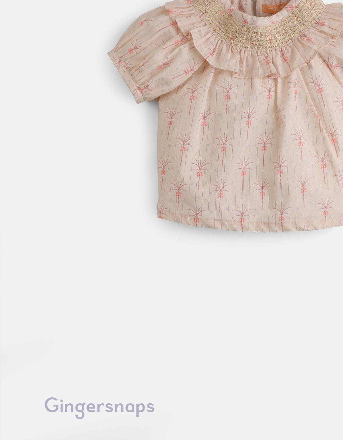 جينجرسنابس بلوزة بناتي مشجرة نص كم بف ورقبة دائرية بيج