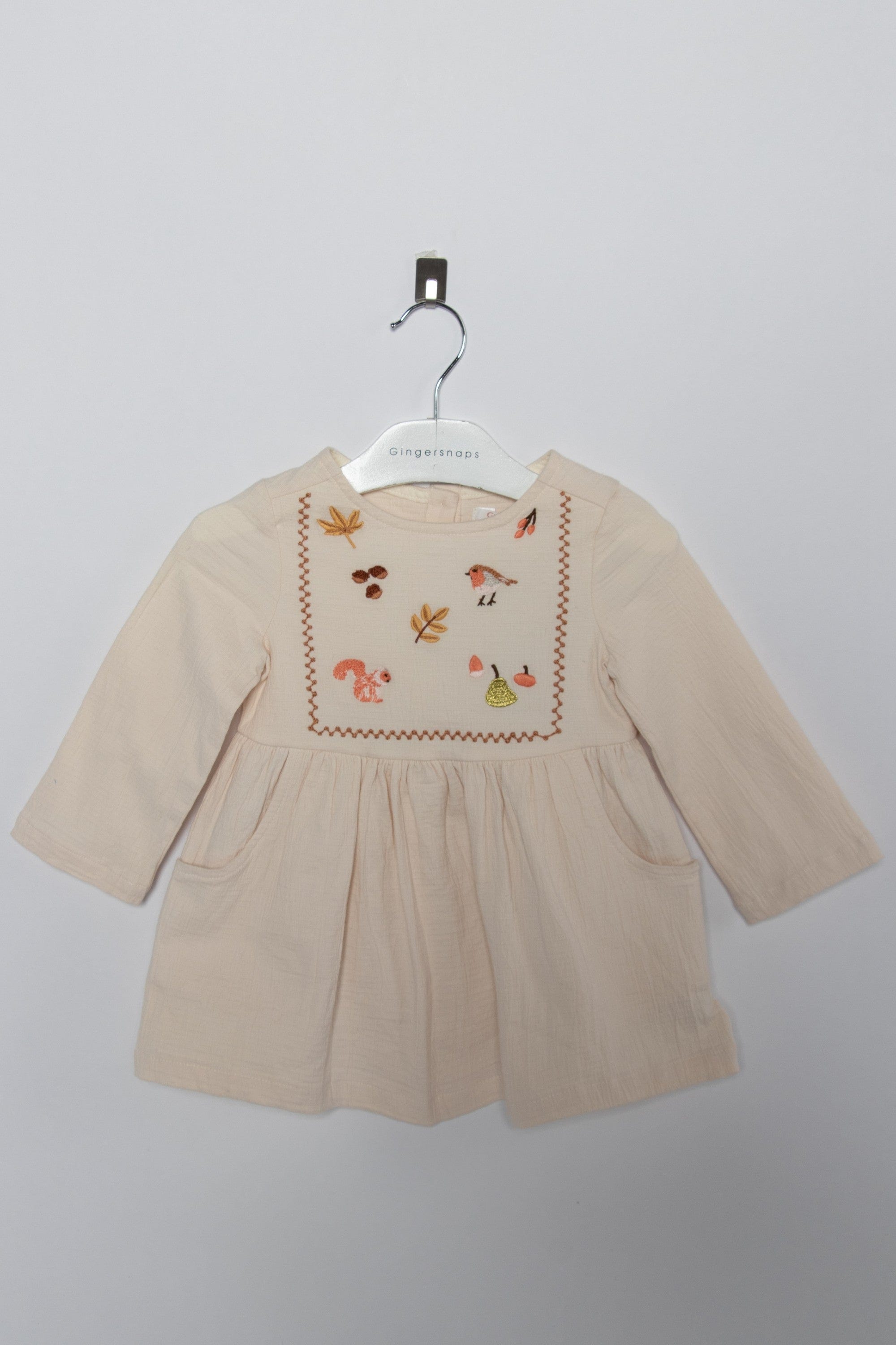 جينجرسنابس فستان رضع بناتي مطرز بجيوب أمامية أخضر رمادي