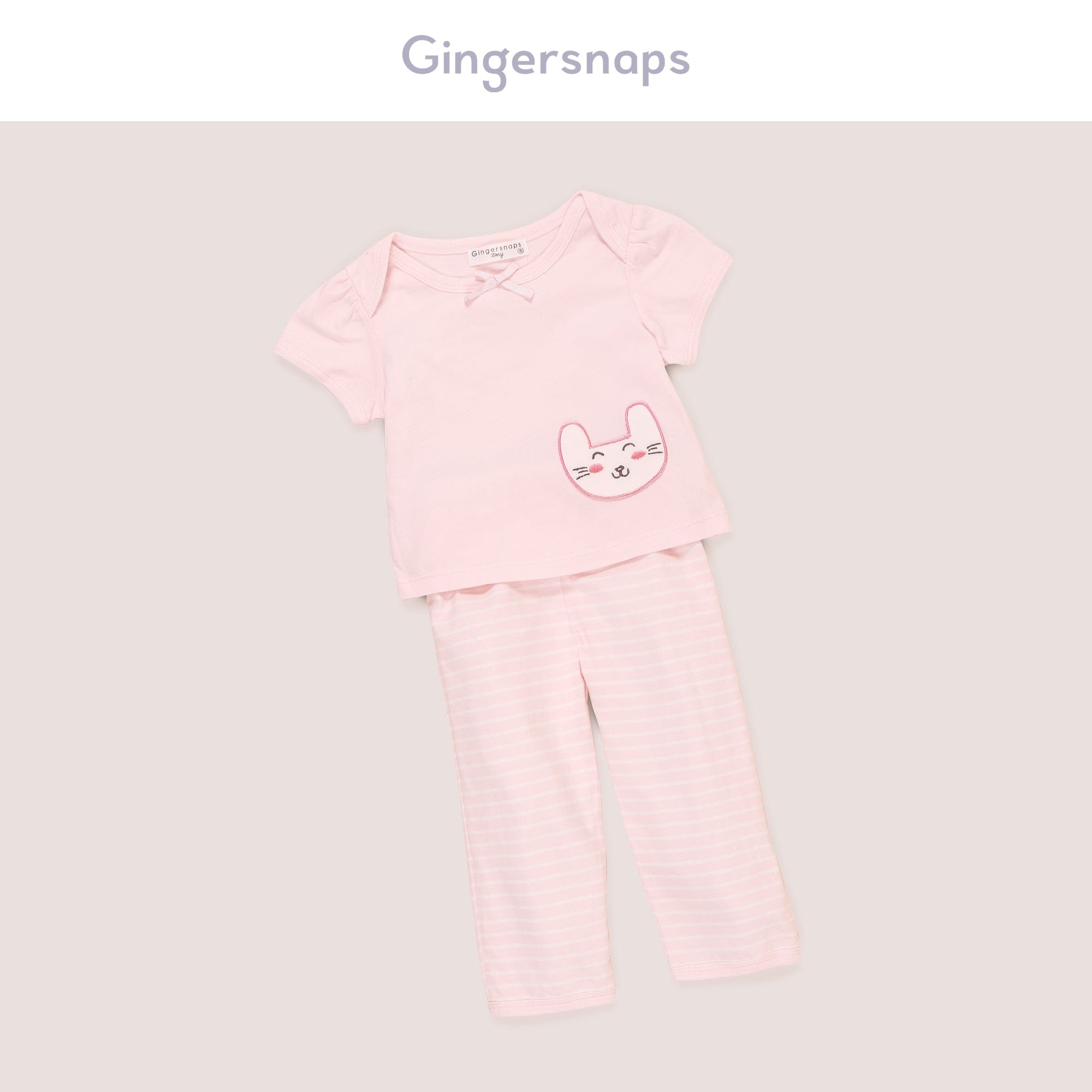 جينجرسنابس بيجامة بلوزة مع بنطال مواليد بناتي مع تطريز قطة على الجانب لؤلؤي