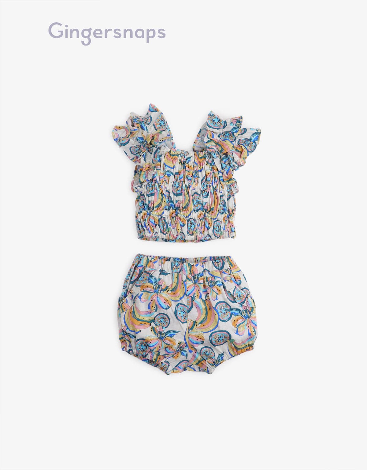 جينجرسنابس طقم قطعتين بلوزة منقوشة مكشكشة وشورت بناتي متعدد الألوان