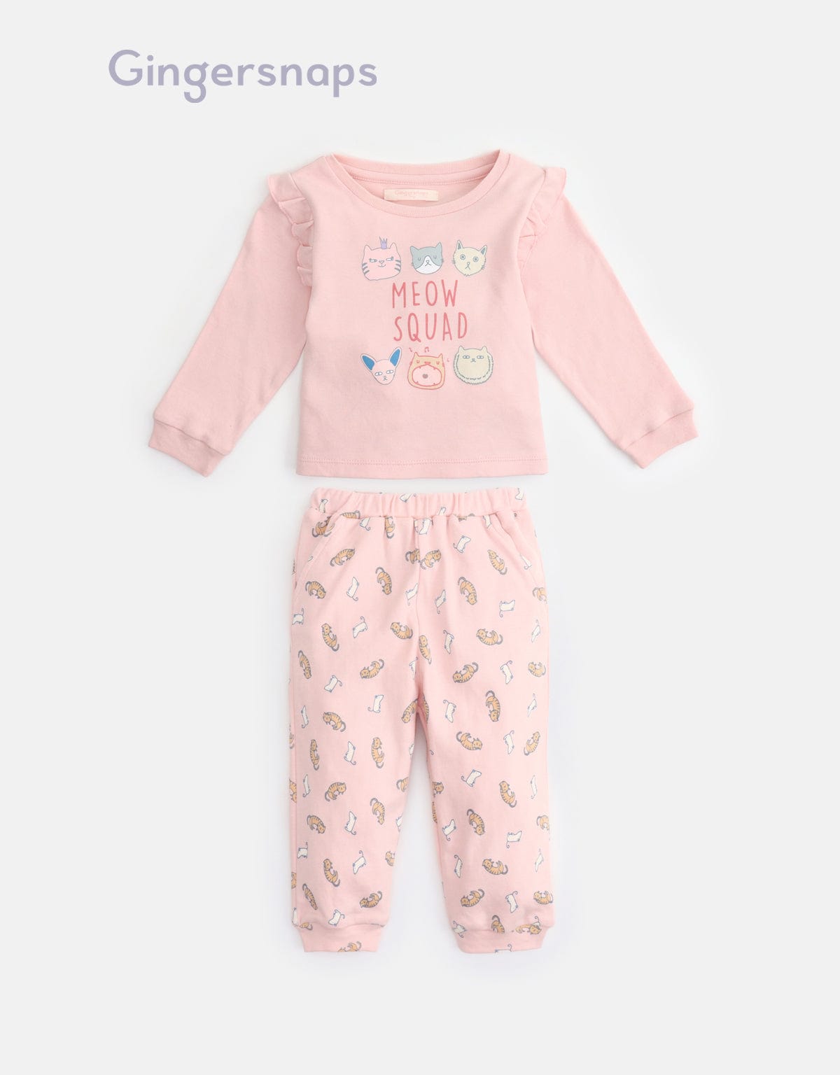 جينجرسنابس بيجامة نوم رضع بناتي بطبعة قطط وكتابة على الصدر وردي