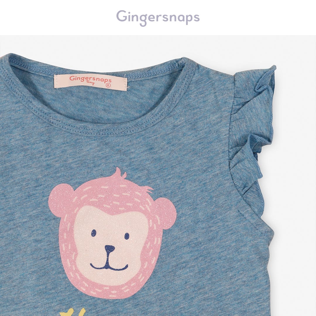 جينجرسنابس تي شيرت بيبي بنات بطبعة قرد أزرق فيروزي