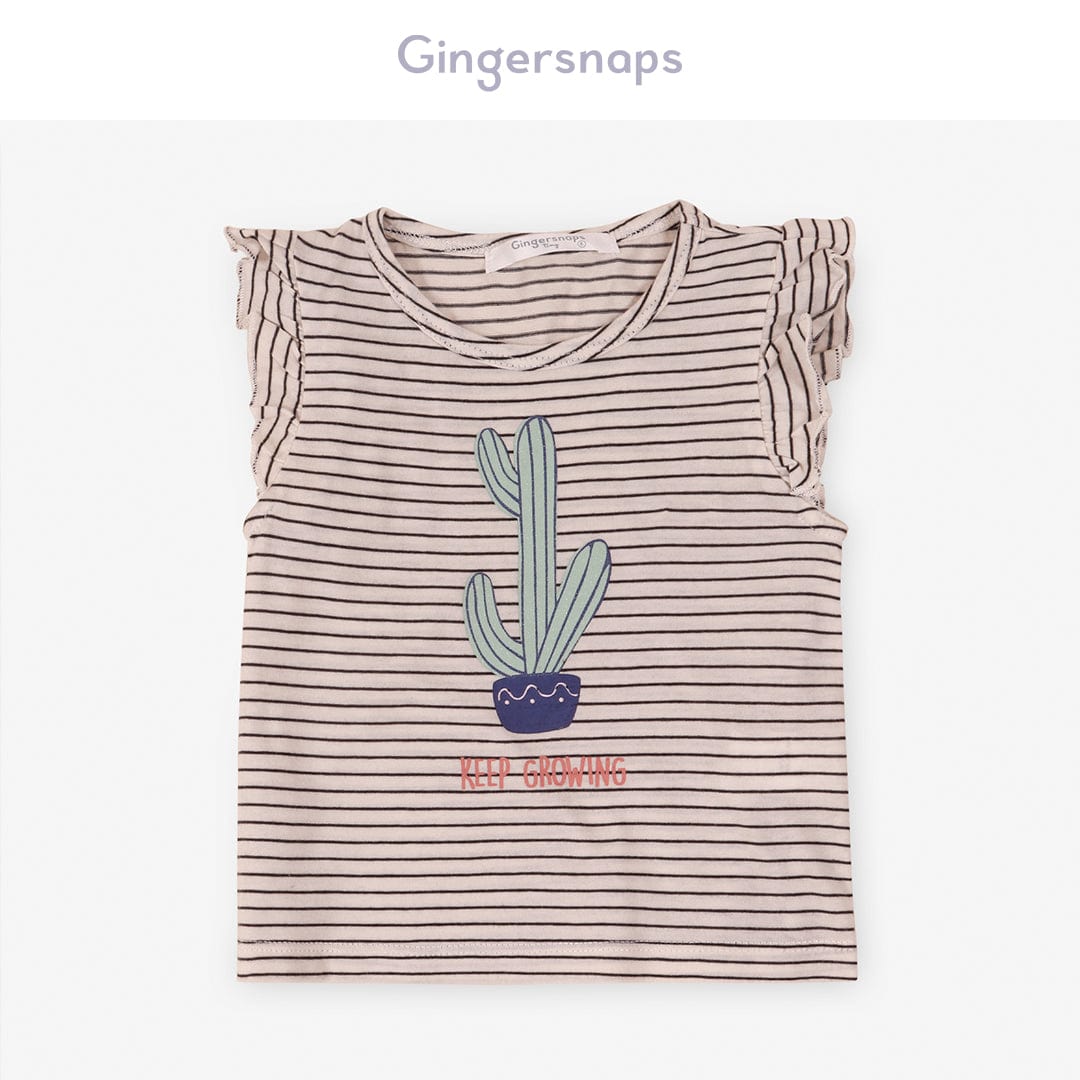 جينجرسنابس تي شيرت بيبي بنات مخطط بنمط صبارة أسود/أبيض