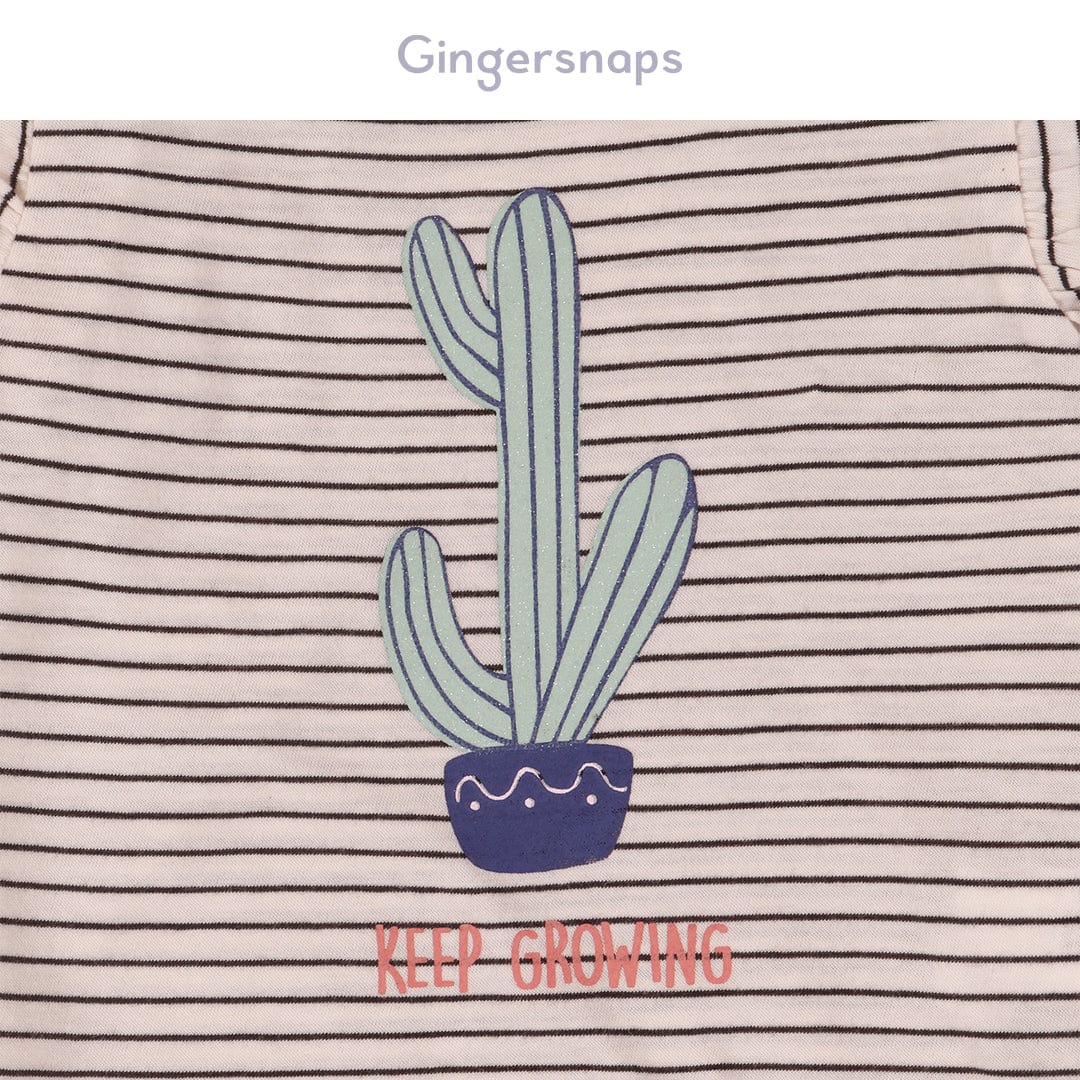 جينجرسنابس تي شيرت بيبي بنات مخطط بنمط صبارة أسود/أبيض