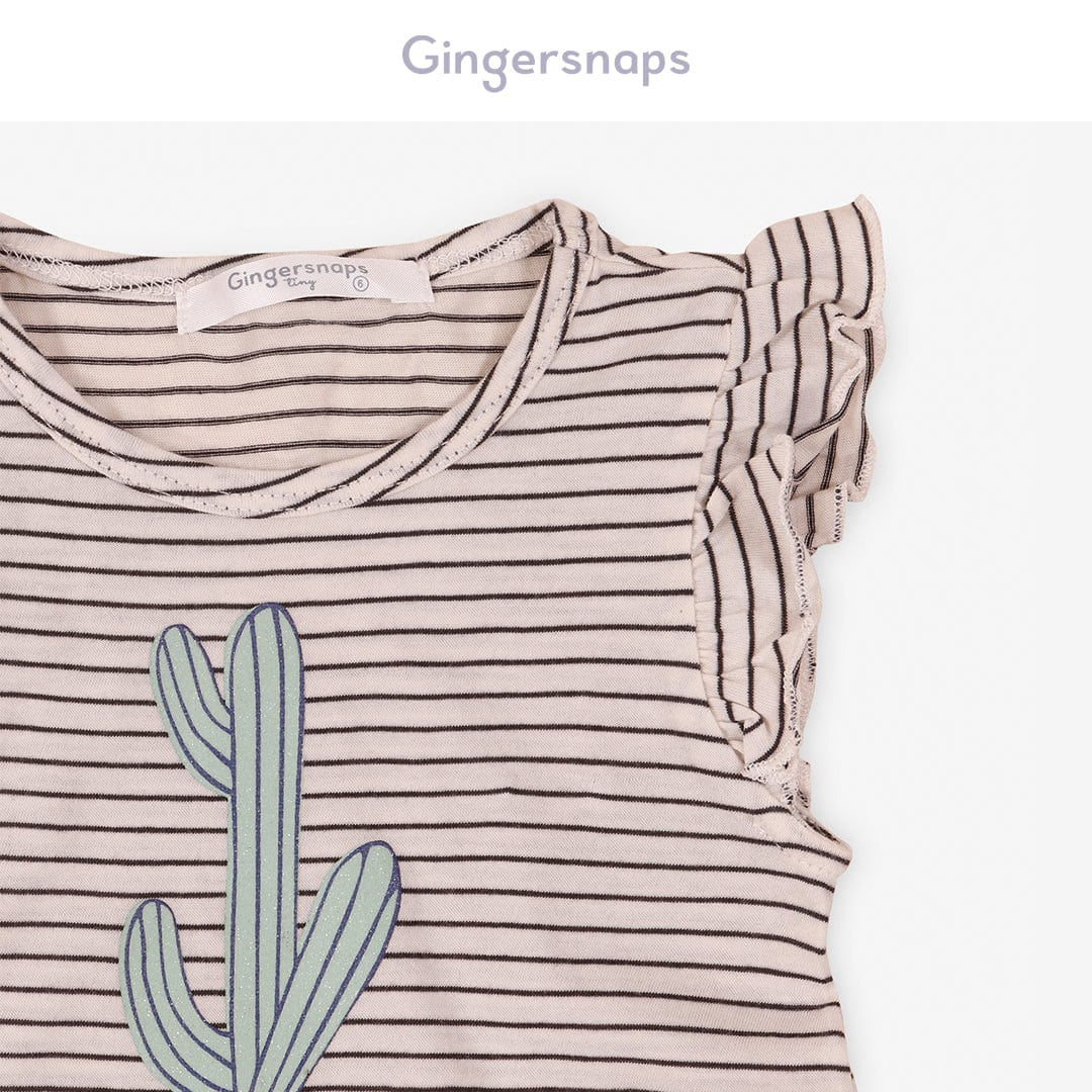 جينجرسنابس تي شيرت بيبي بنات مخطط بنمط صبارة أسود/أبيض