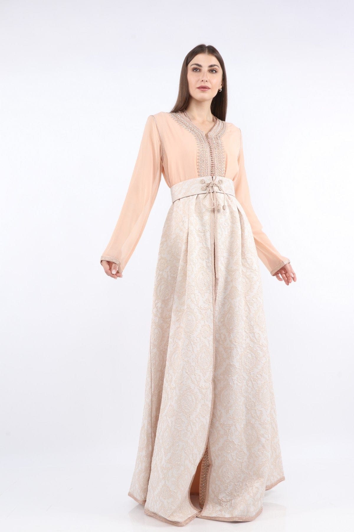 ديامانتين قفطان كم طويل نسائي بحزام خصر ومنفوش من تحت وردي فاتح