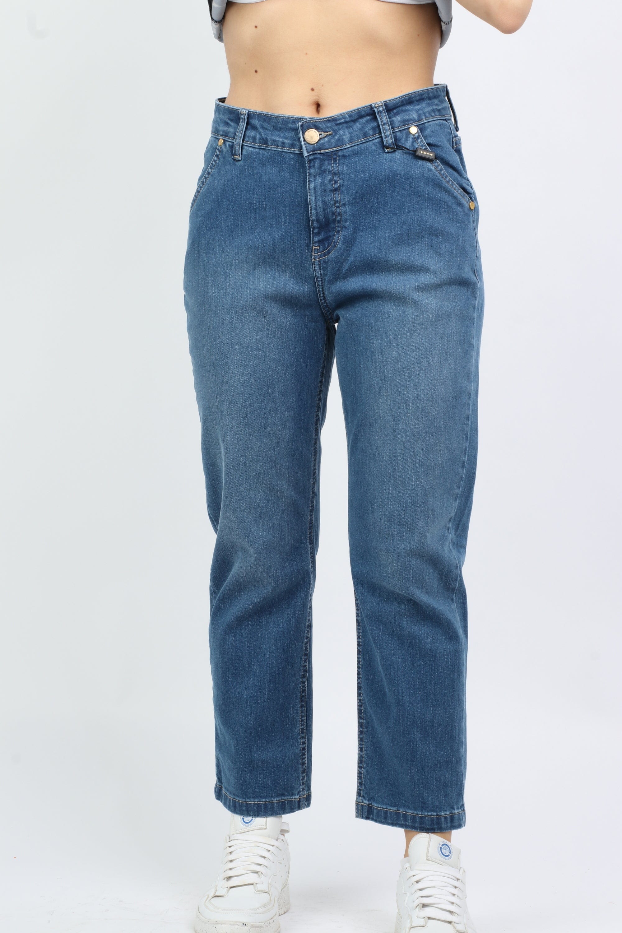 داليدرس بنطلون بوي فريند حصر مرتفع طويل نسائي أزرق