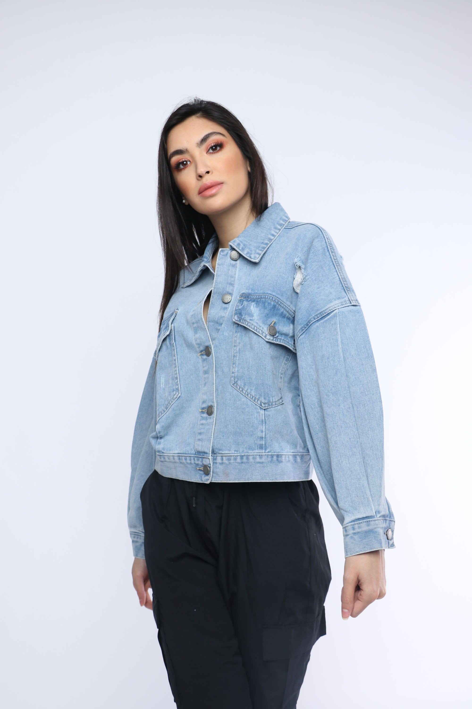 نتشي سترة جينز أوفر سايز بأزرار بأكمام طويلة