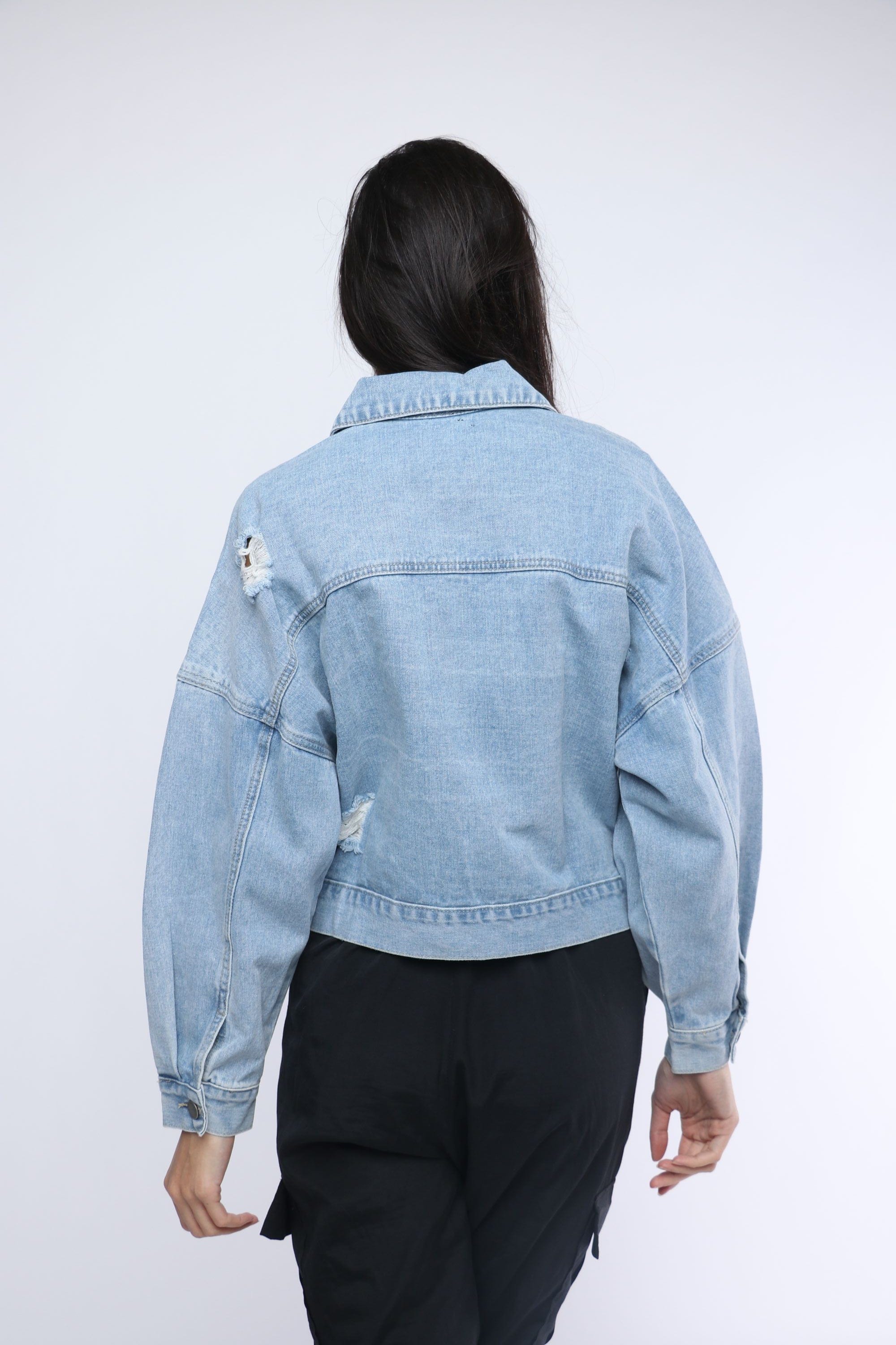 نتشي سترة جينز أوفر سايز بأزرار بأكمام طويلة