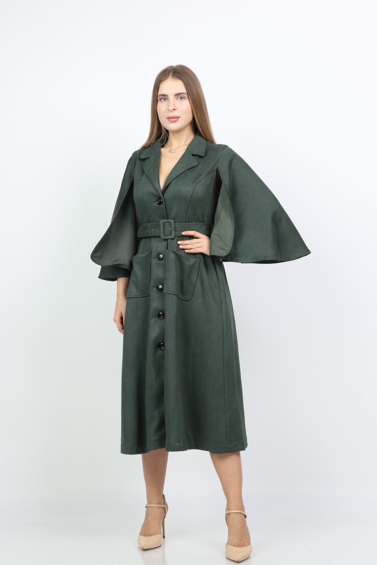 نتشي فستان ميدي بأزرار أمامية بحزام بكم على شكل فراشة