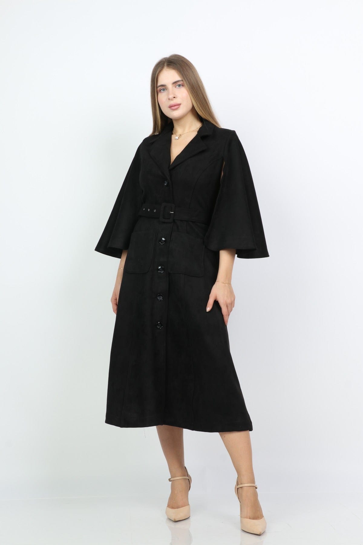 نتشي فستان ميدي بأزرار أمامية بحزام بكم على شكل فراشة