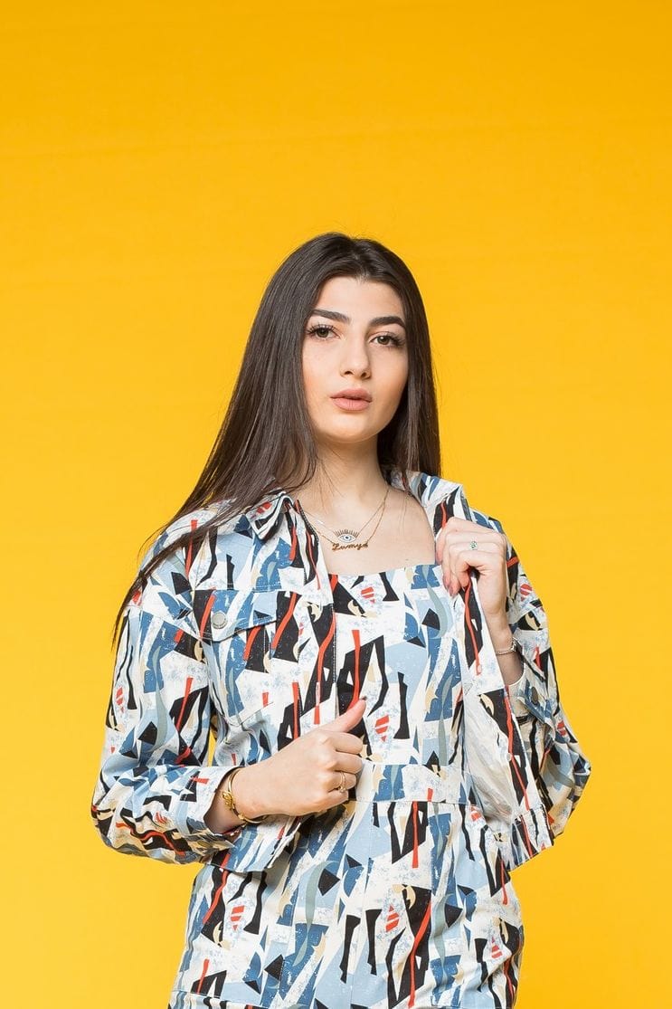 كيتشن جاكيت قصير منقوش بكم طويل نسائي أزرق