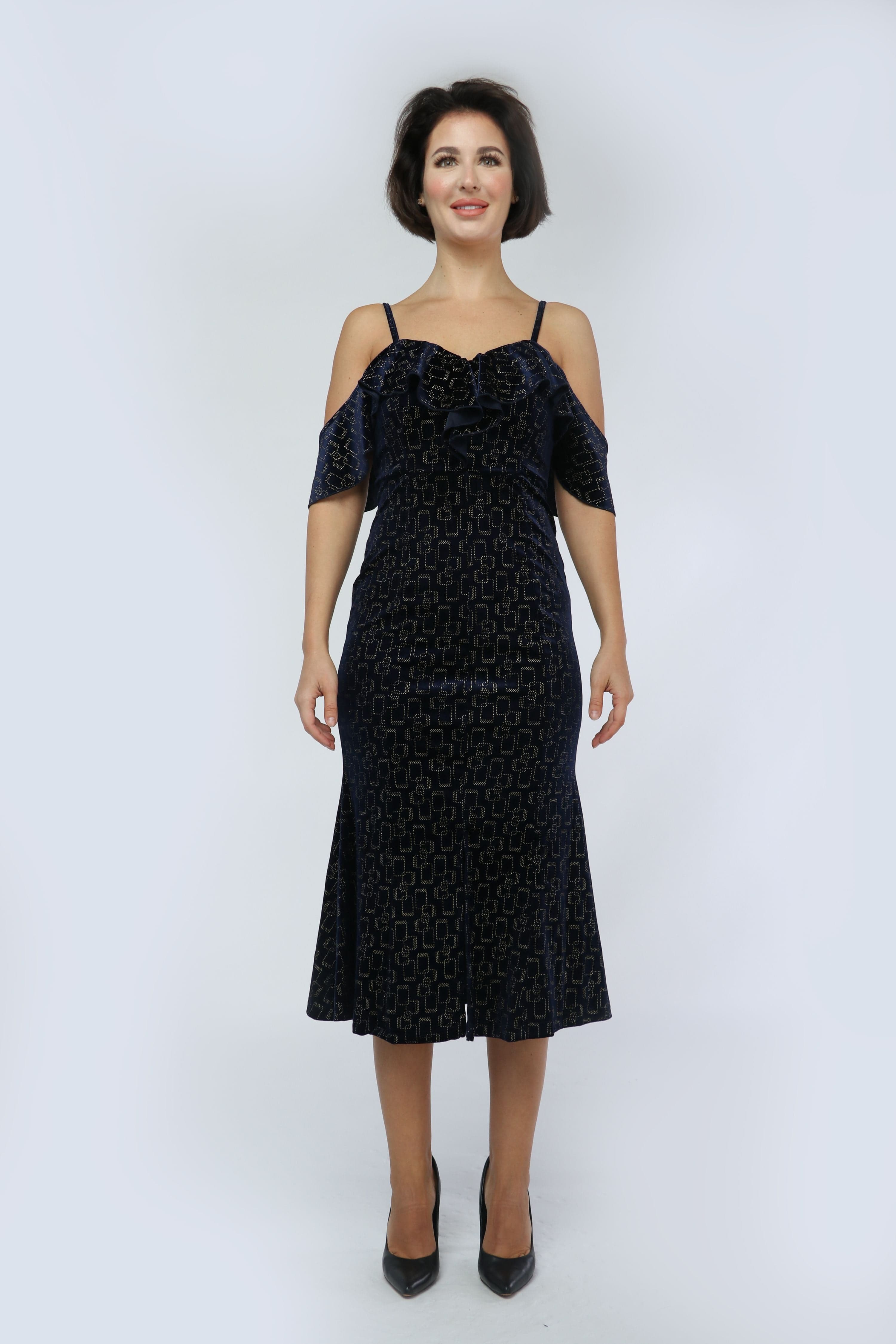 نتشي فستان ميدي منقوش أوف شولدر بأكمام قصيرة