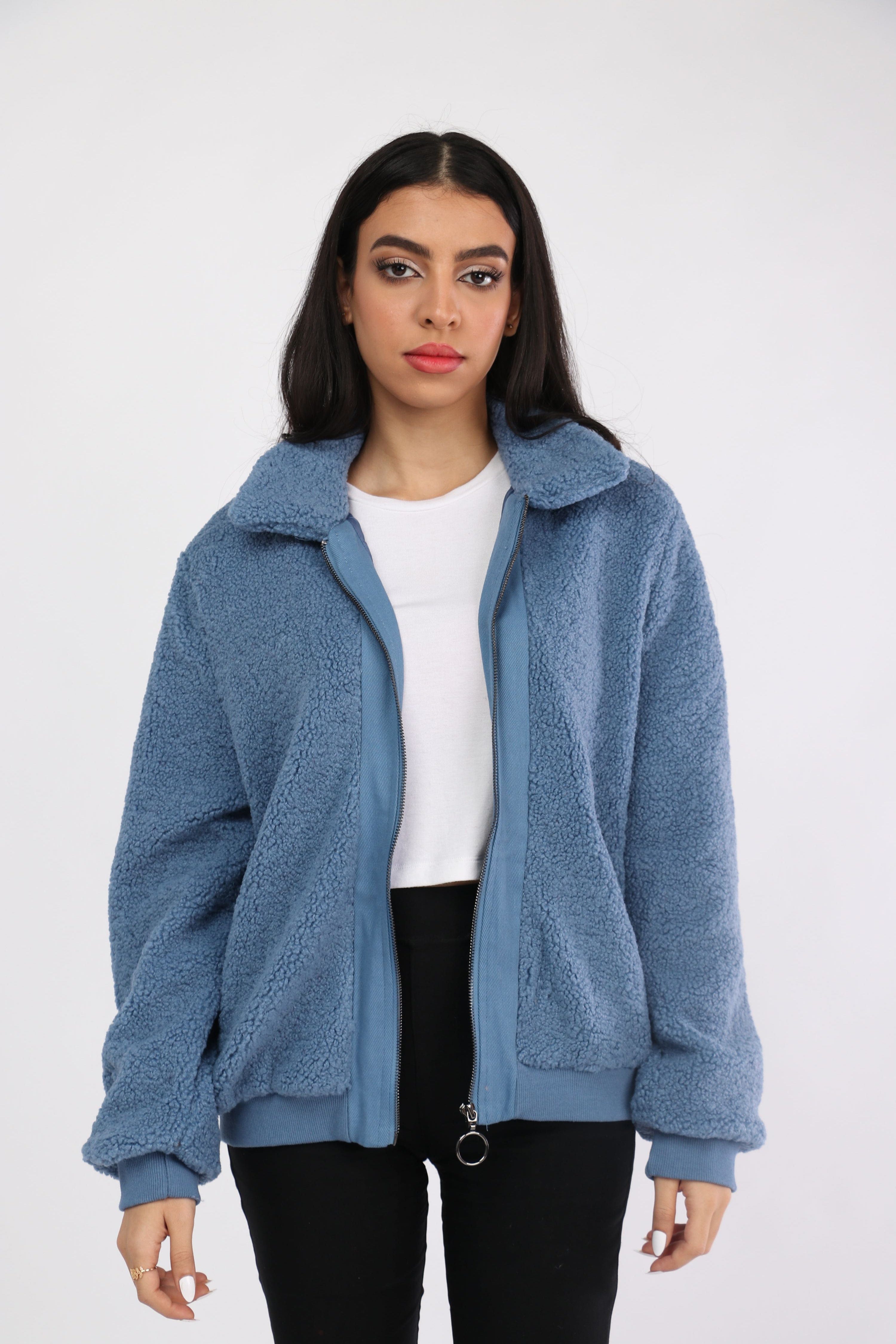 ميكا سترة فرو واسعة بسحاب وجيوب جانبية بأكمام طويلة