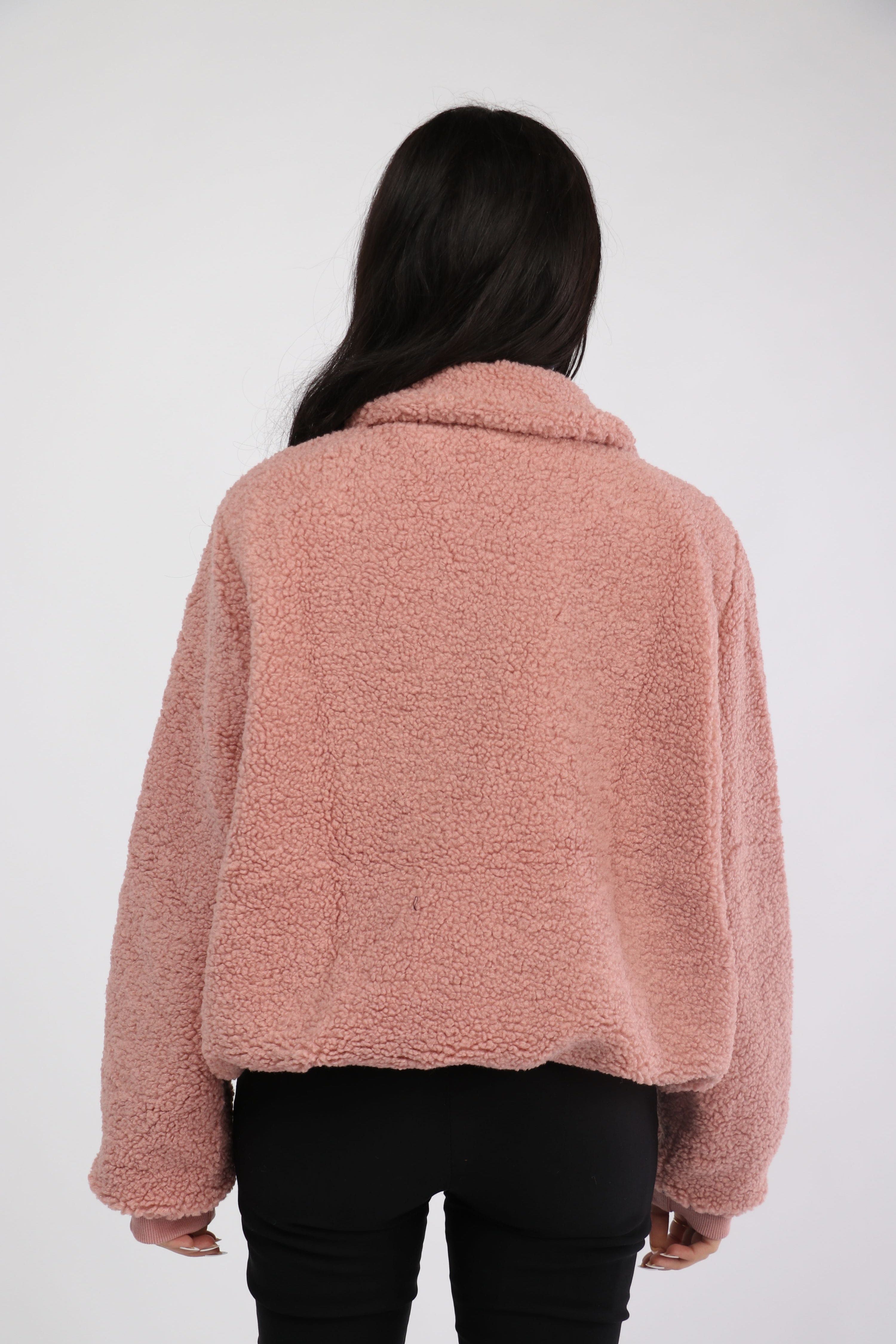 ميكا سترة فرو واسعة بسحاب وجيوب جانبية بأكمام طويلة