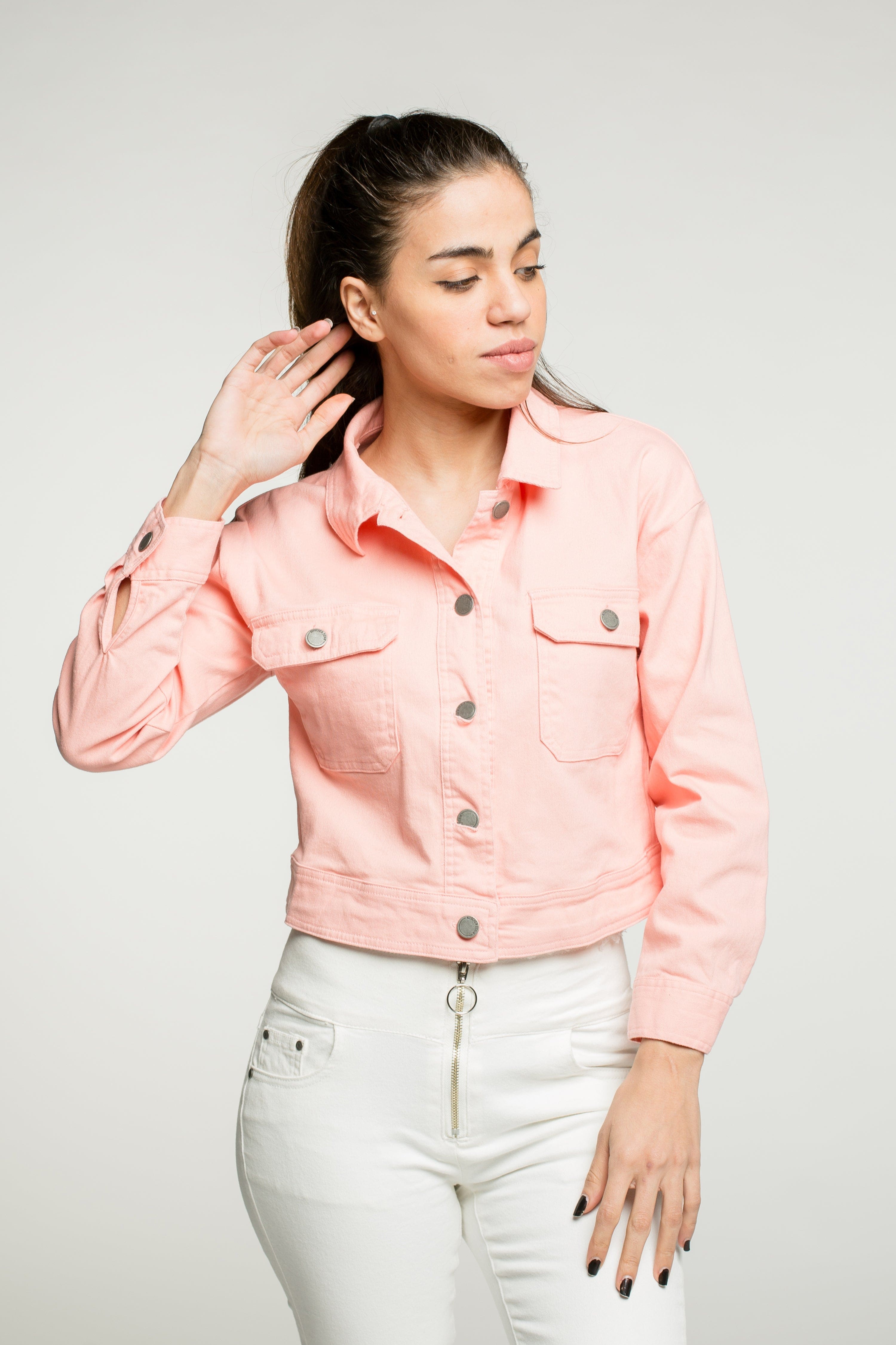 كيتشن جاكيت بكم طويل قصير جينز ملون نسائي