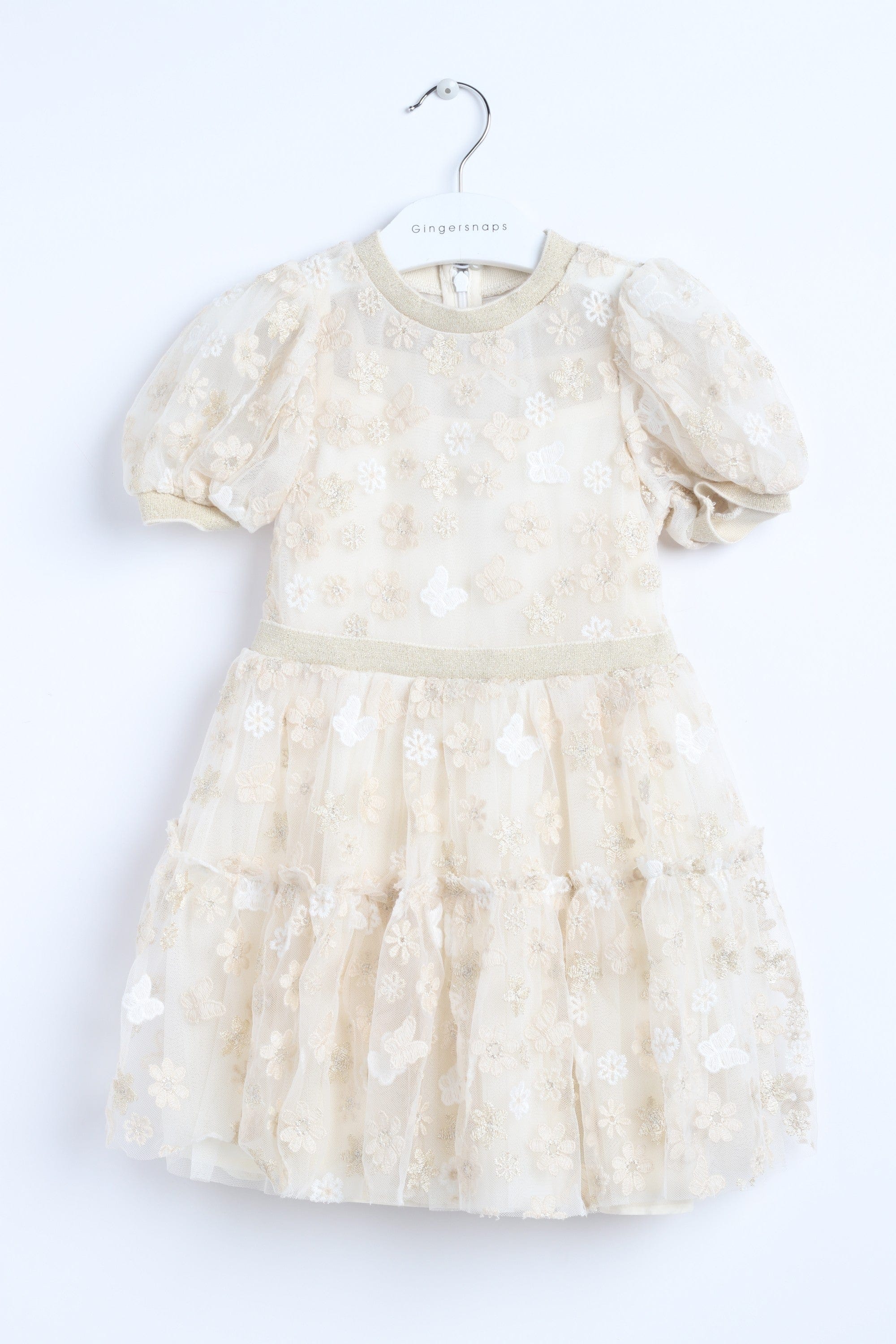 جينجرسنابس فستان بناتي مطرز شفاف نص كم بف البيج