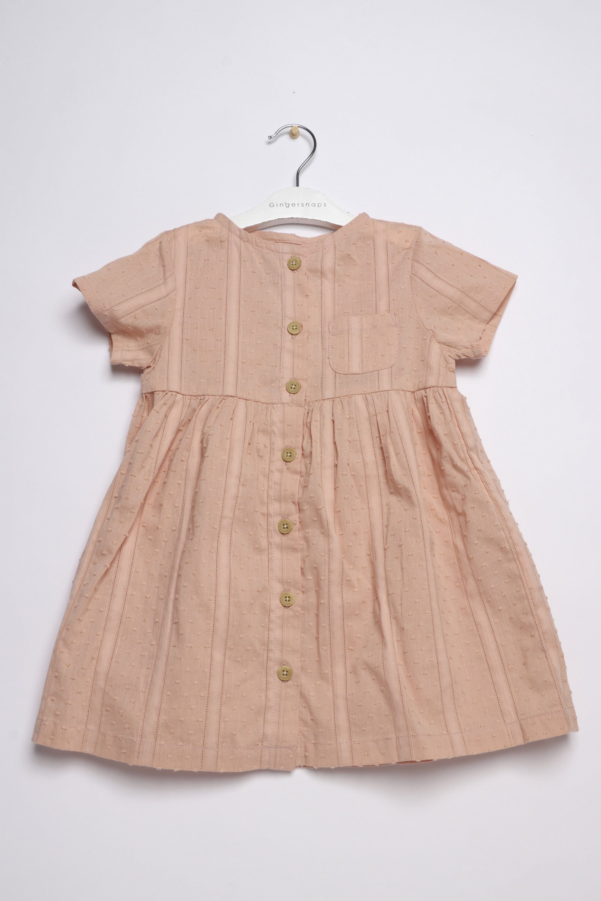 جينجرسنابس فستان مخطط بالطول بأزرار أمامية وجيب على الصدر كم قصير بناتي وردي فاتح