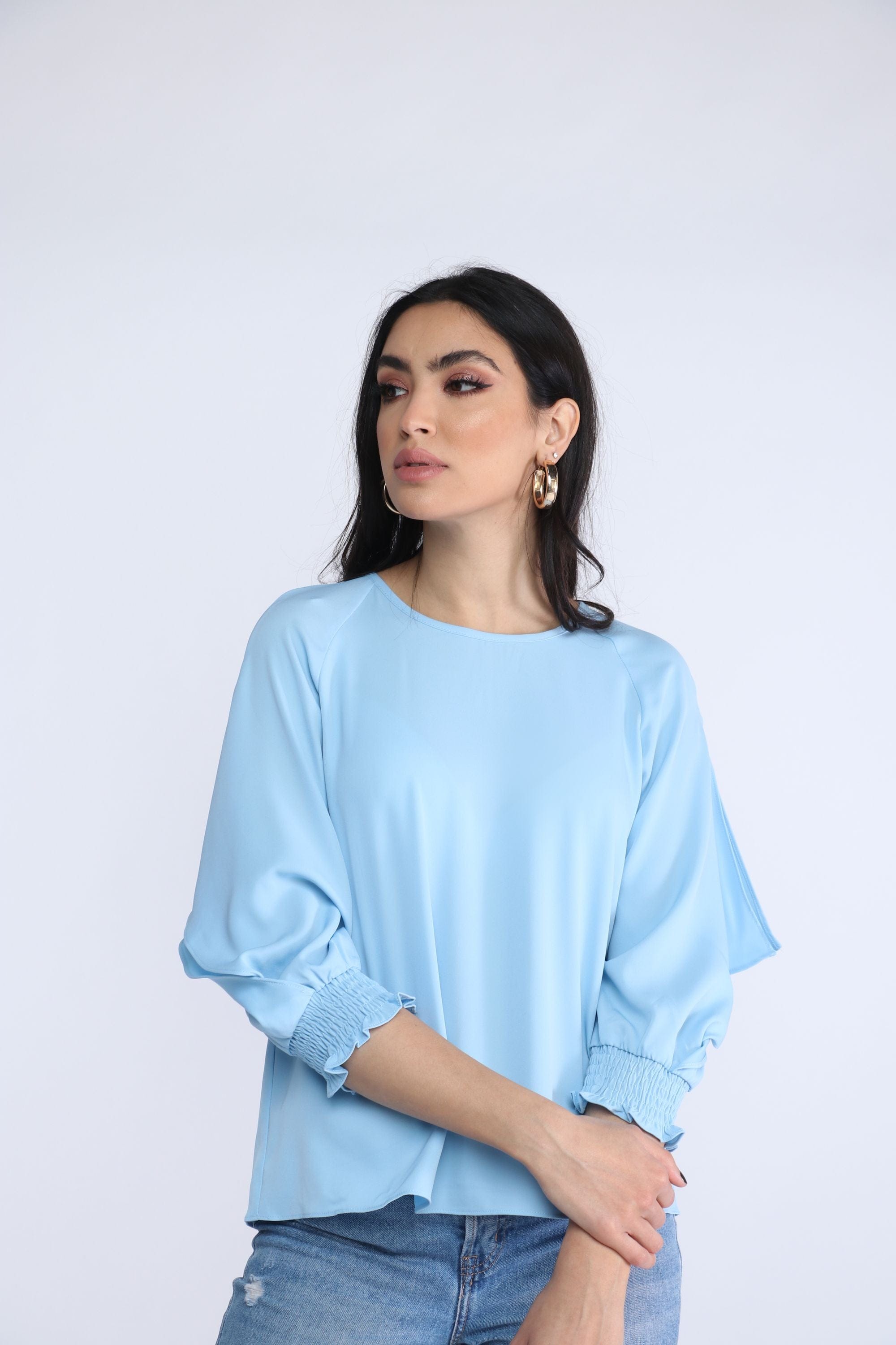 نتشي بلوزة سادة 3/4 كم أساور مكشكشة نسائي