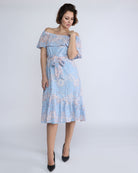 نتشي فستان ميدي دانتيل مفتوح من الكتف بفيونكة خصر بكم قصير