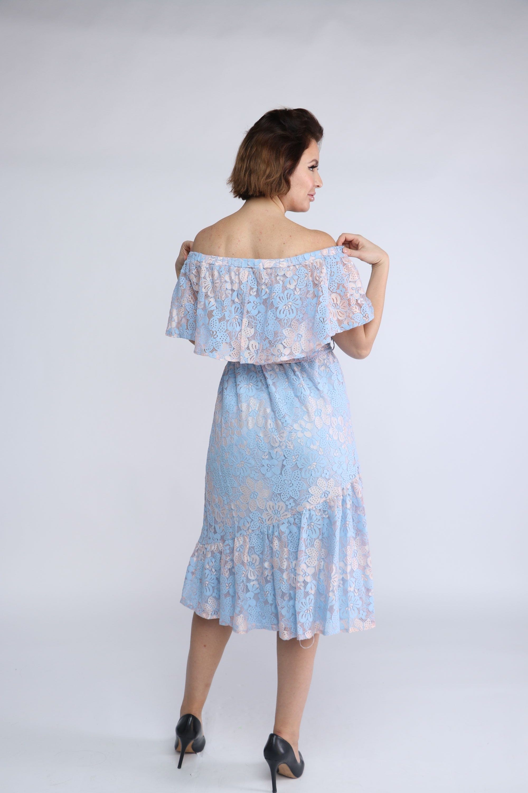 نتشي فستان ميدي دانتيل مفتوح من الكتف بفيونكة خصر بكم قصير