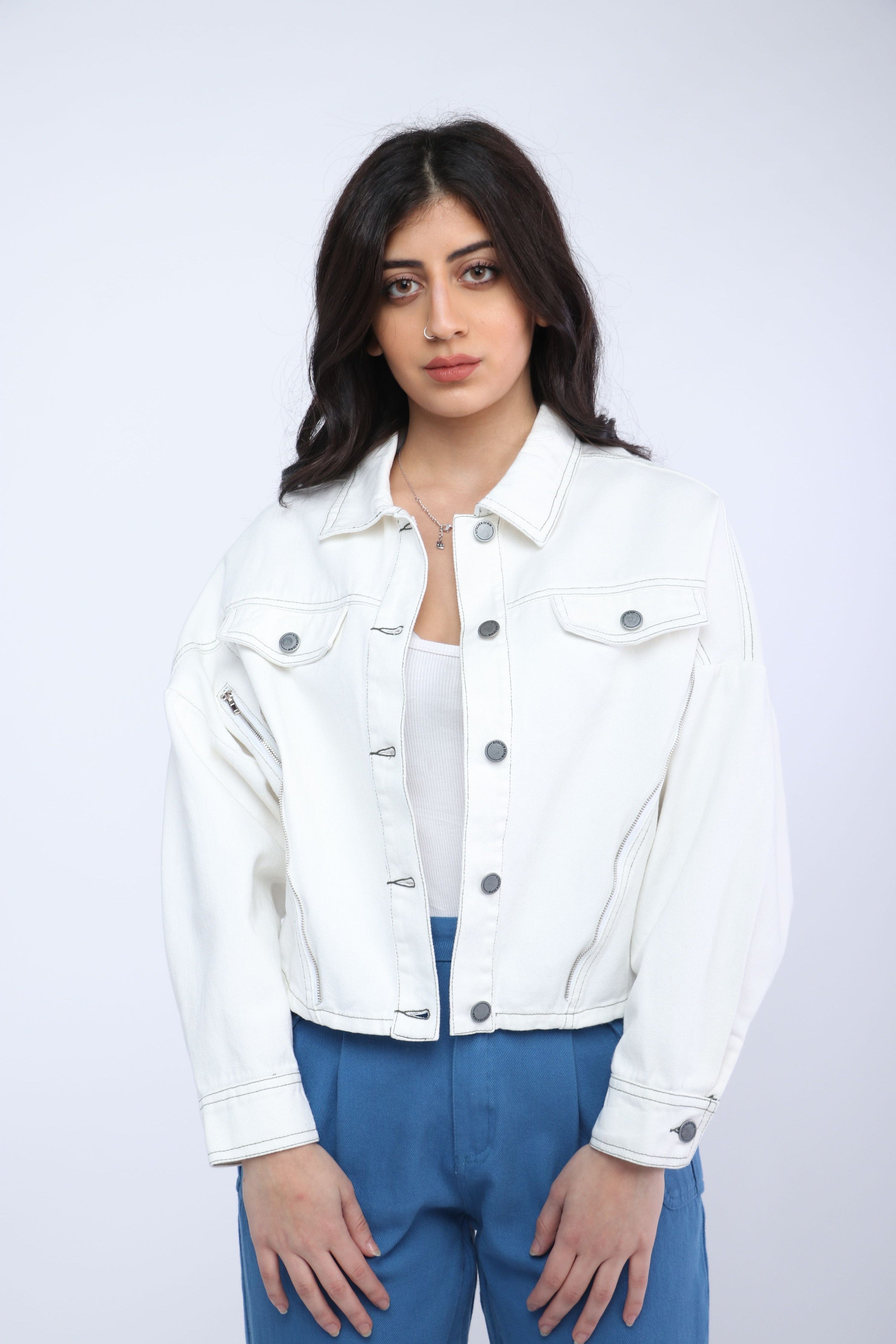 كيتشن جاكت جينز بأزرار أمامية معدنية وياقة كم طويل نسائي