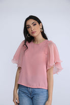 نتشي بلوزة سادة مطرزة من الكتف كم قصير واسع شيفون نسائي