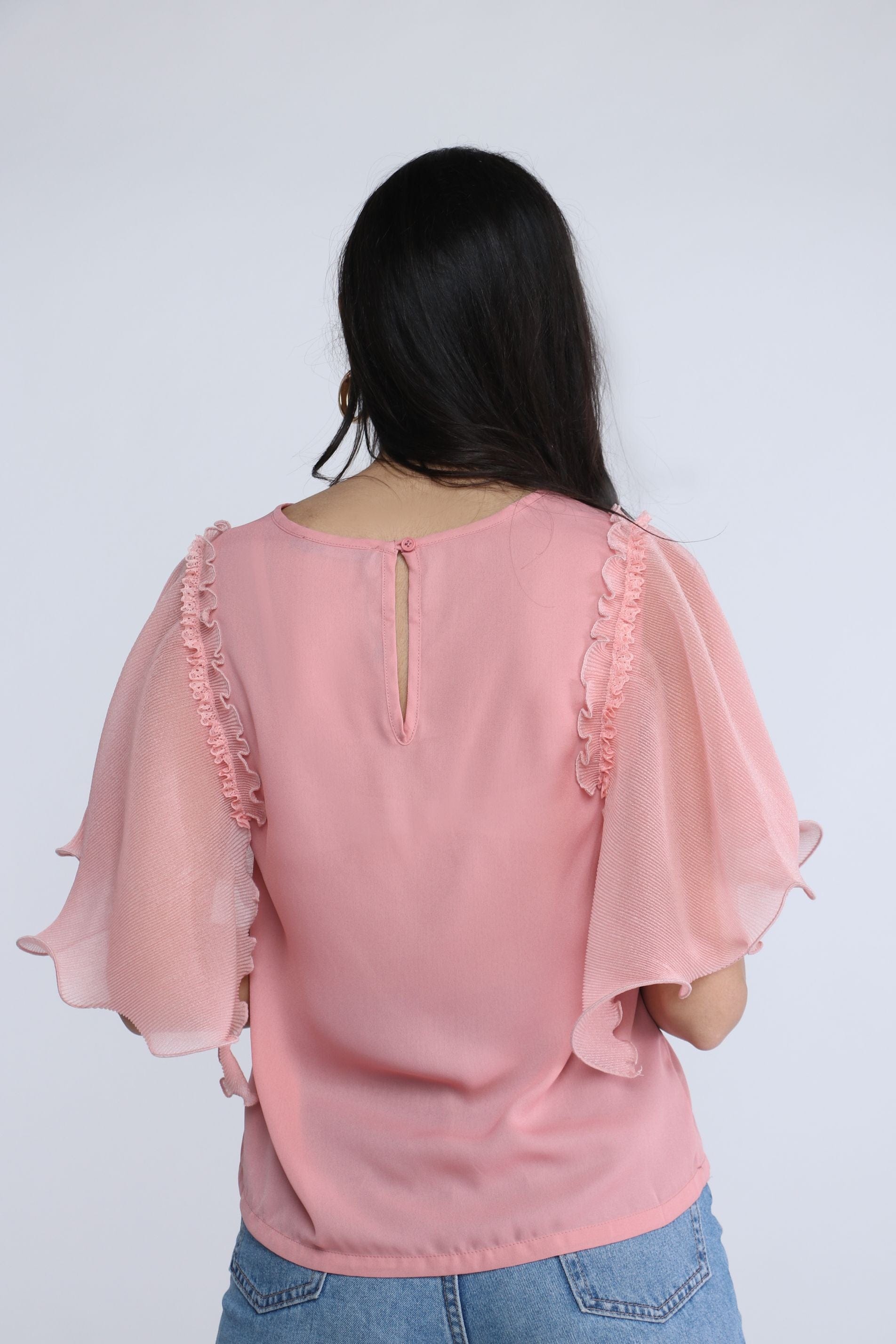 نتشي بلوزة سادة مطرزة من الكتف كم قصير واسع شيفون نسائي