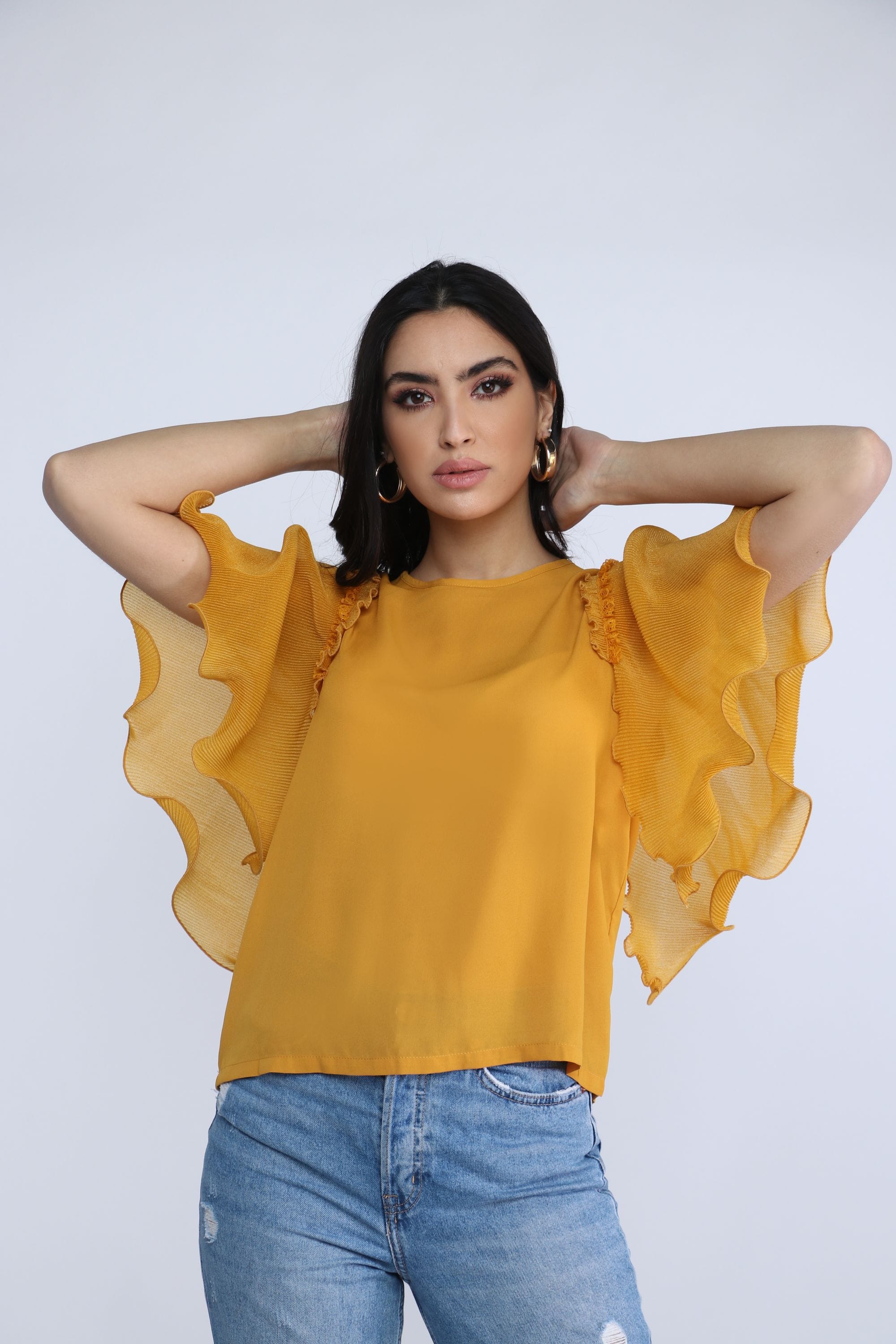 نتشي بلوزة سادة مطرزة من الكتف كم قصير واسع شيفون نسائي