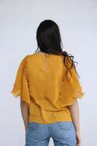 نتشي بلوزة سادة مطرزة من الكتف كم قصير واسع شيفون نسائي