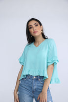 نتشي بلوزة واسعة بفتحة سبعة نص كم مكشكش نسائي