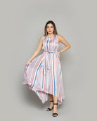 ميكا فستان ميدي بدون أكمام مقلم مزموم من الخصر ازرق/زهري