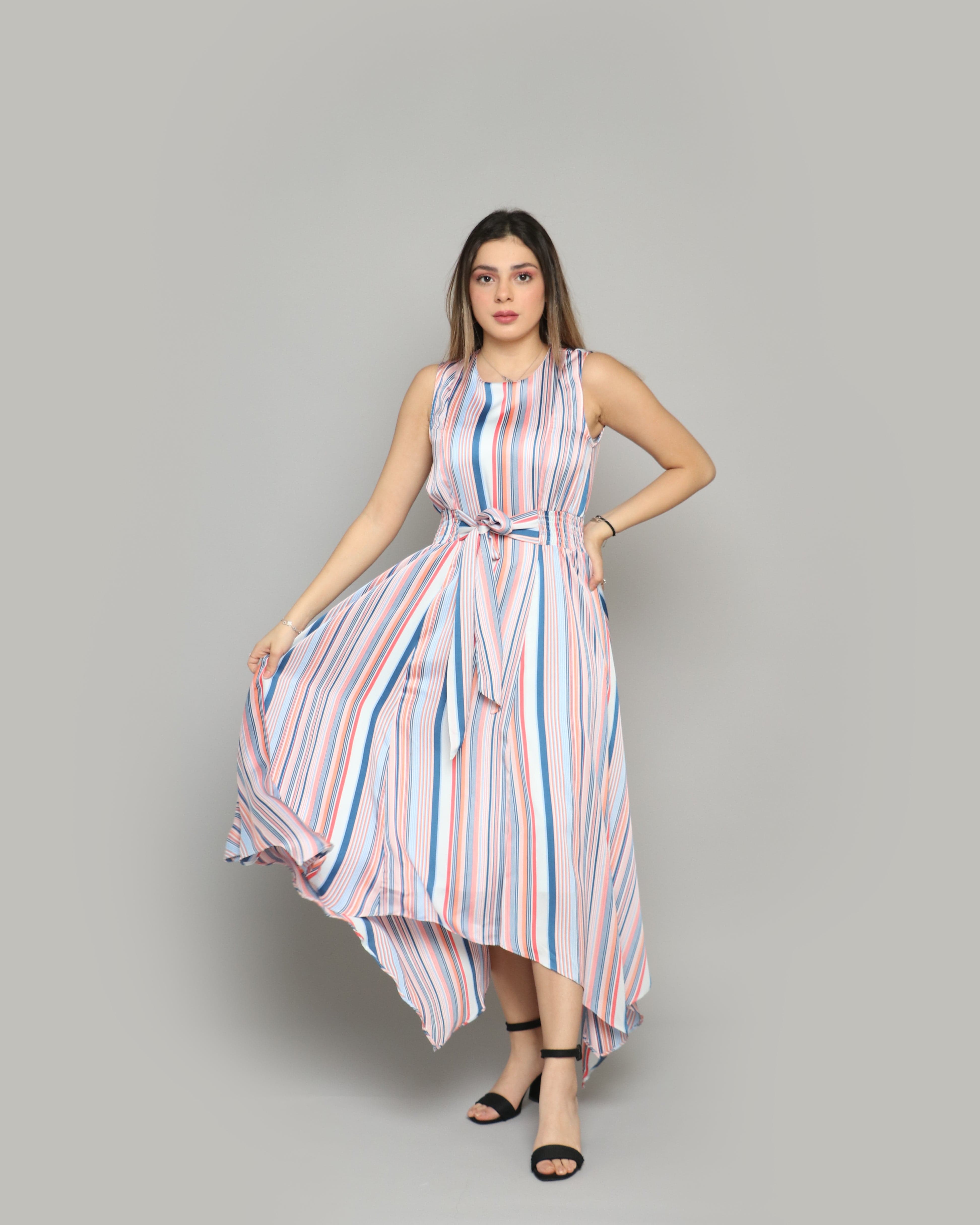 ميكا فستان ميدي بدون أكمام مقلم مزموم من الخصر ازرق/زهري