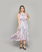 ميكا فستان ميدي بدون أكمام مقلم مزموم من الخصر ازرق/زهري