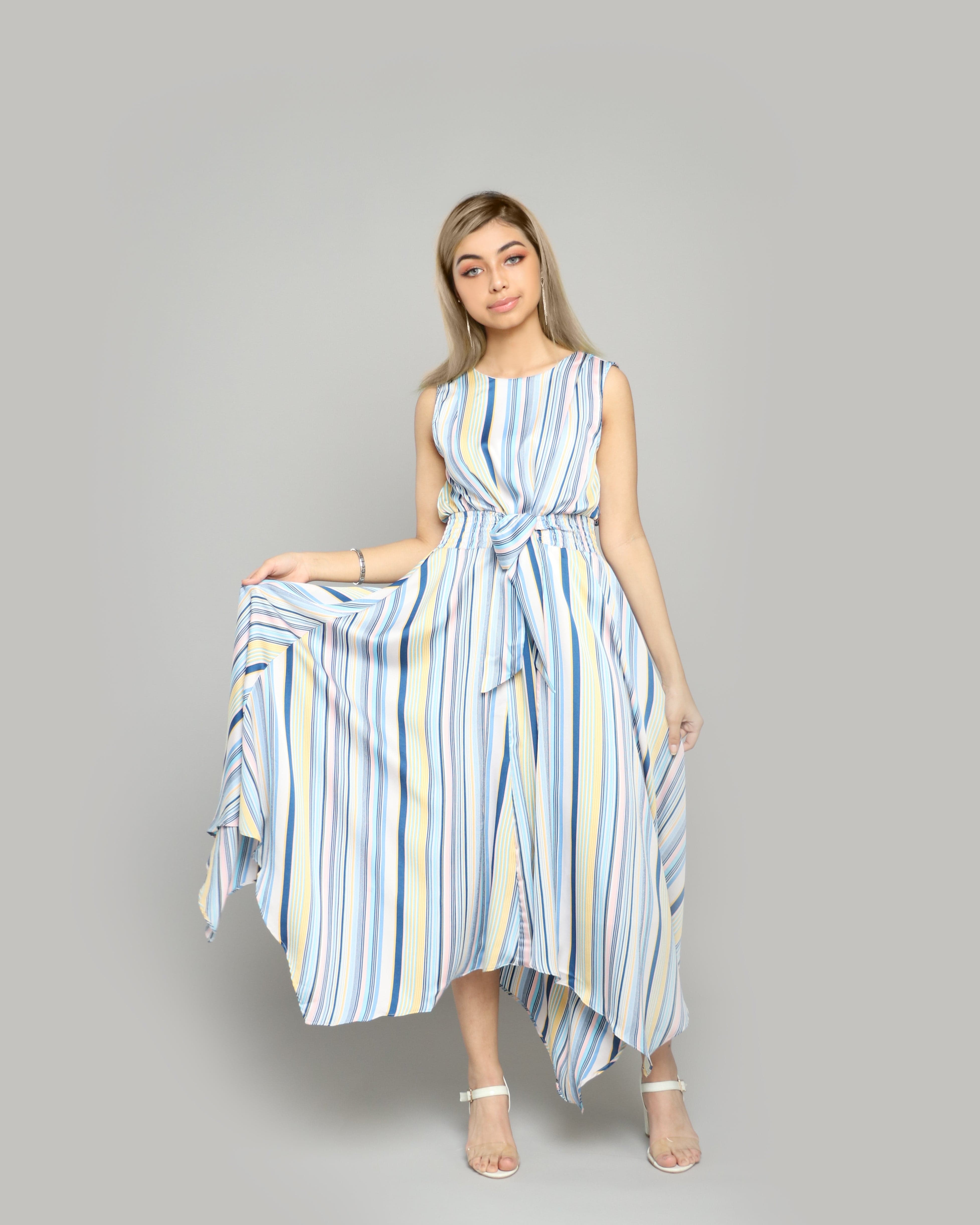 ميكا فستان ميدي بدون أكمام مقلم مزموم من الخصر ازرق/زهري