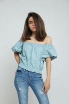 ميكا بلوزة أوف شولدر كم قصير منفوخ نسائي