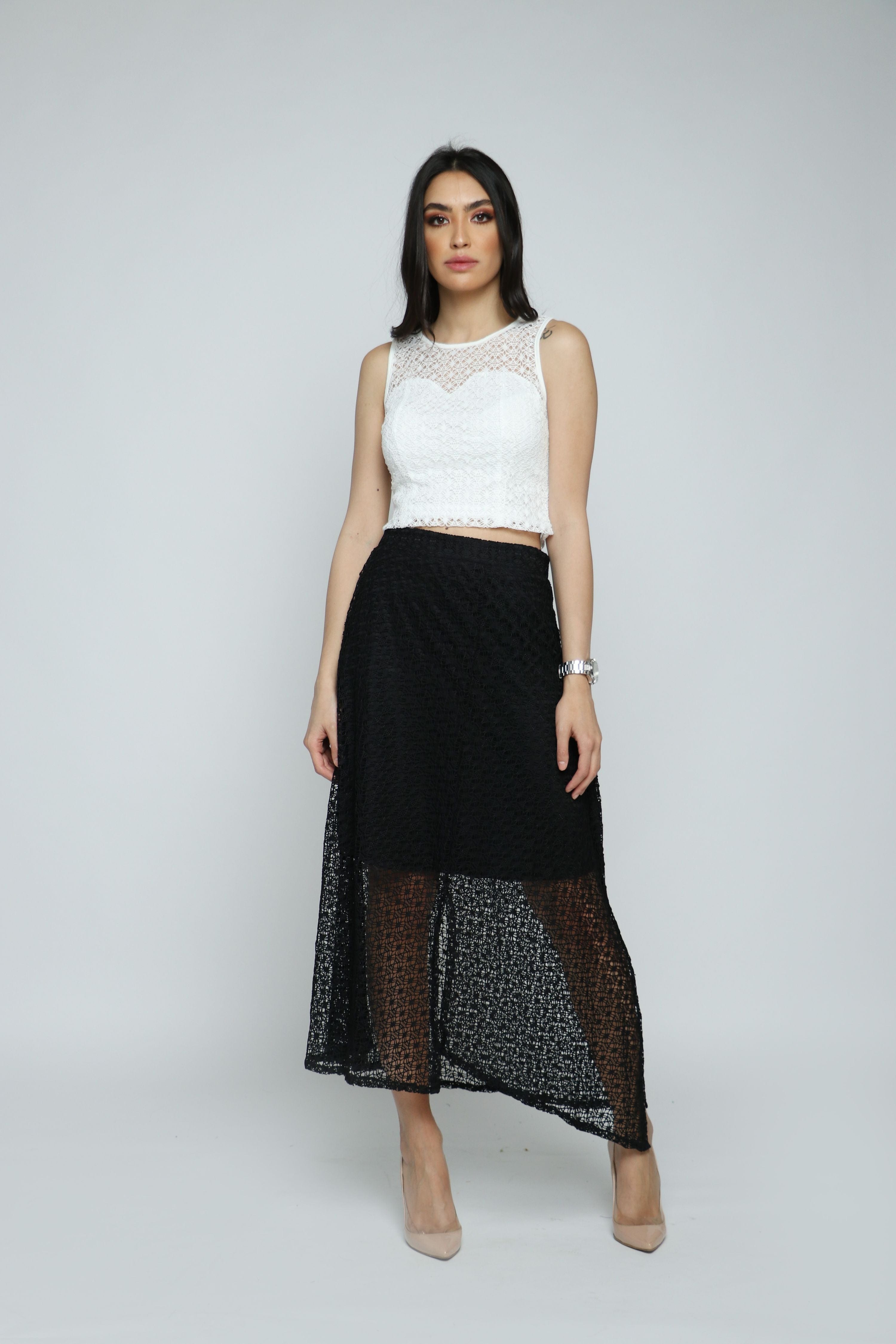 ميكا تنورة ميدي سهرة دانتيل وبوليستر مفتوحة من الأمام