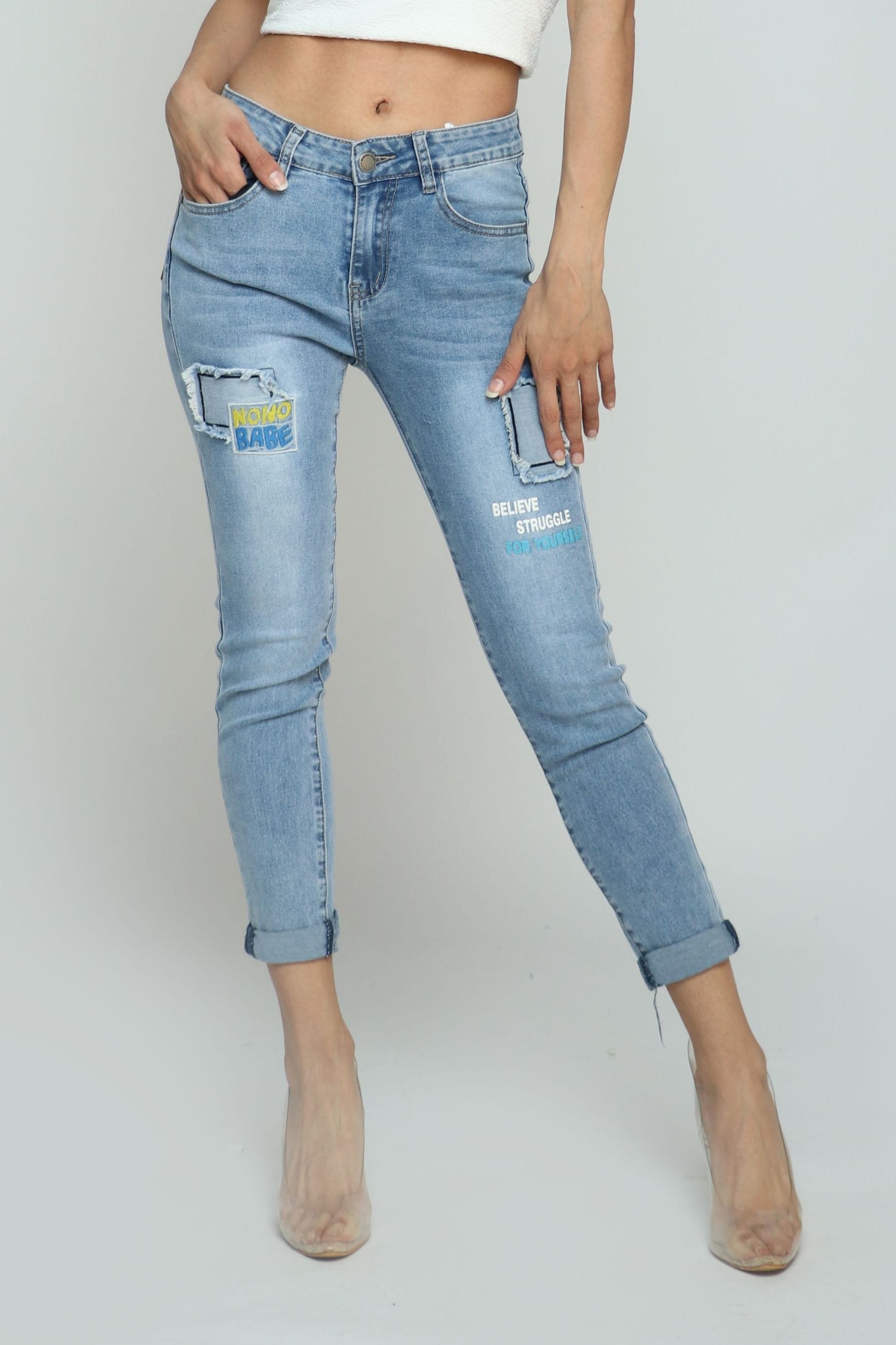 كيتشن بنطلون جينز مقطع مبطن سكيني طويل نسائي