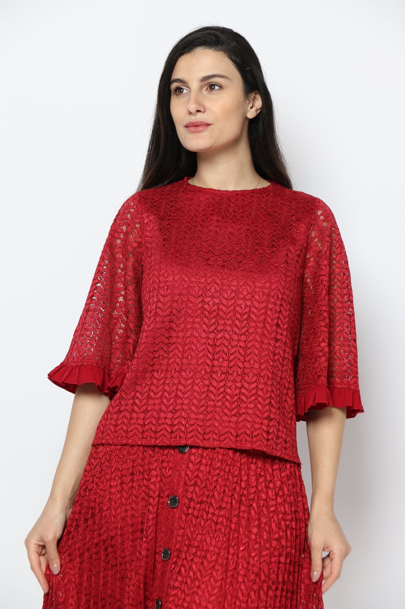 نتشي بلوزة سادة دانتيل شفاف 3/4 كم مكشكش نسائي