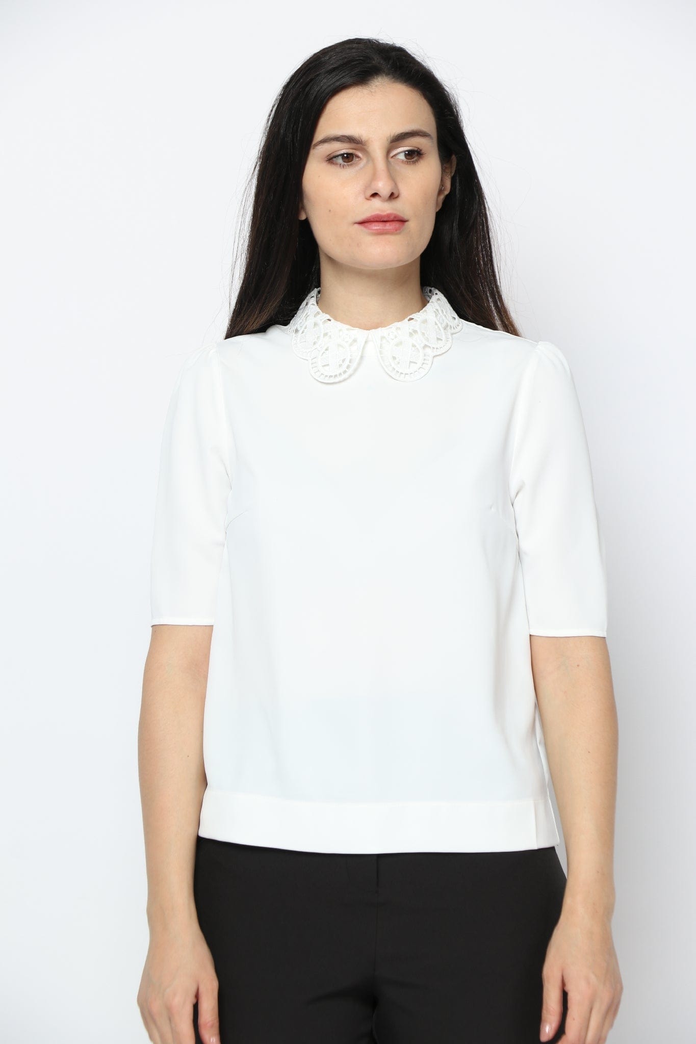 نتشي بلوزة رسمية سادة بياقة دانتيل نسائي