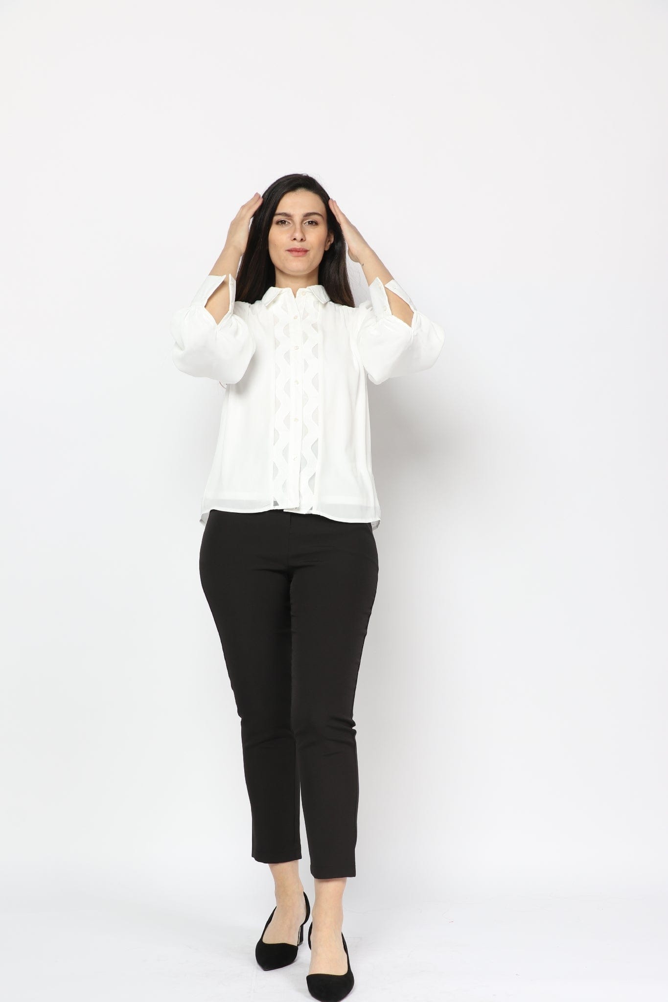 نتشي قميص كلاسيك بنفش على الصدر كم طويل نسائي