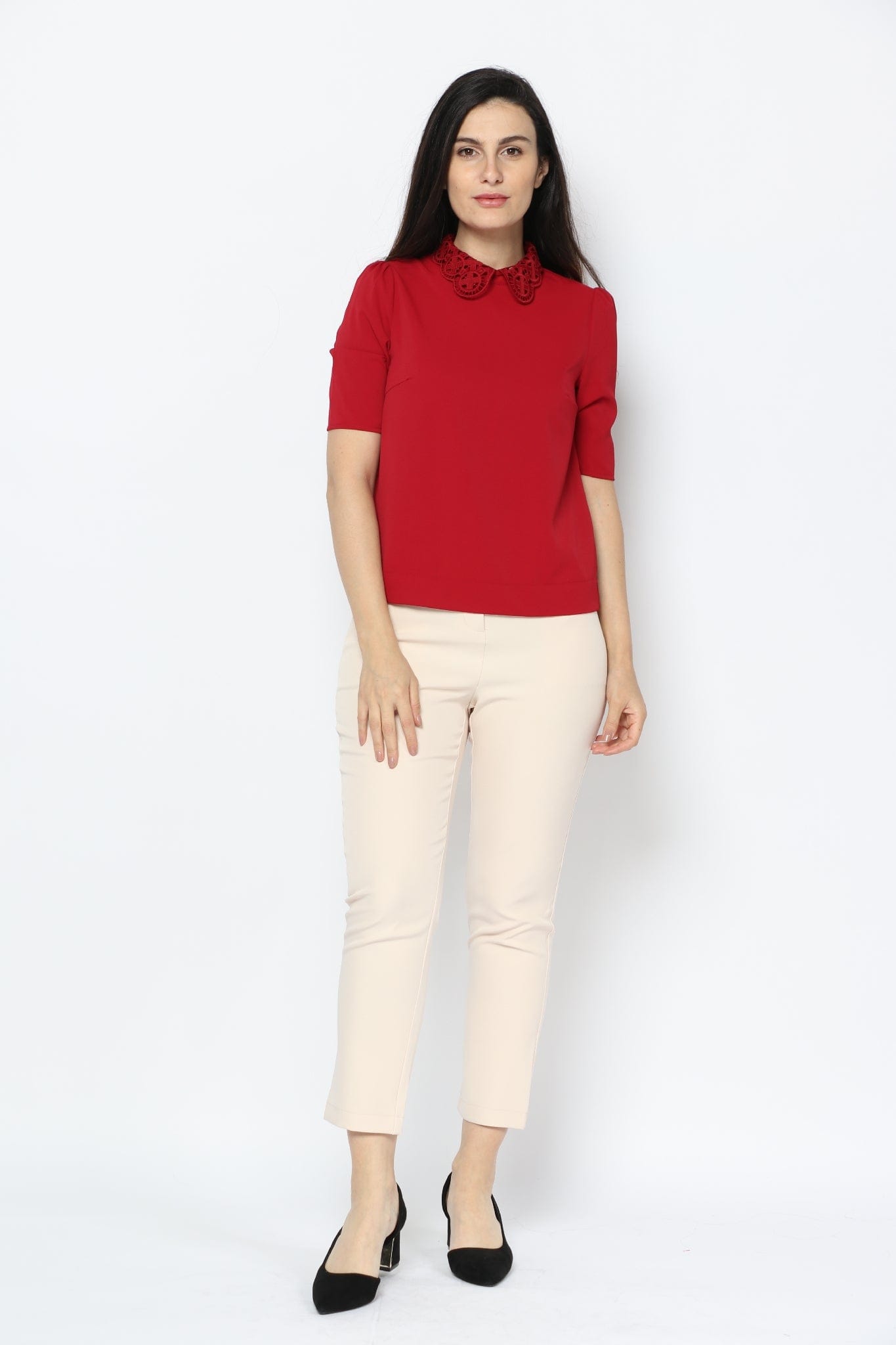 نتشي بلوزة رسمية سادة بياقة دانتيل نسائي