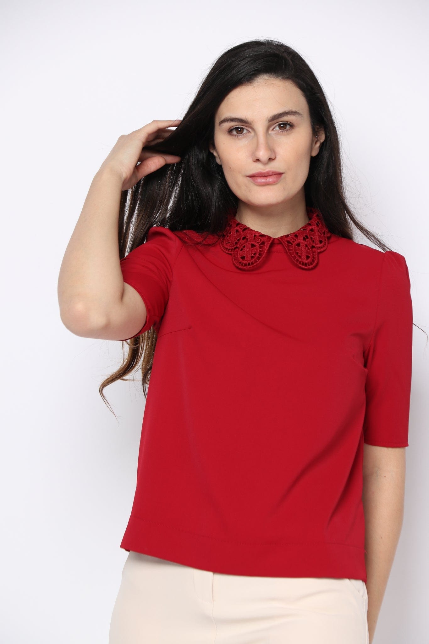 نتشي بلوزة رسمية سادة بياقة دانتيل نسائي