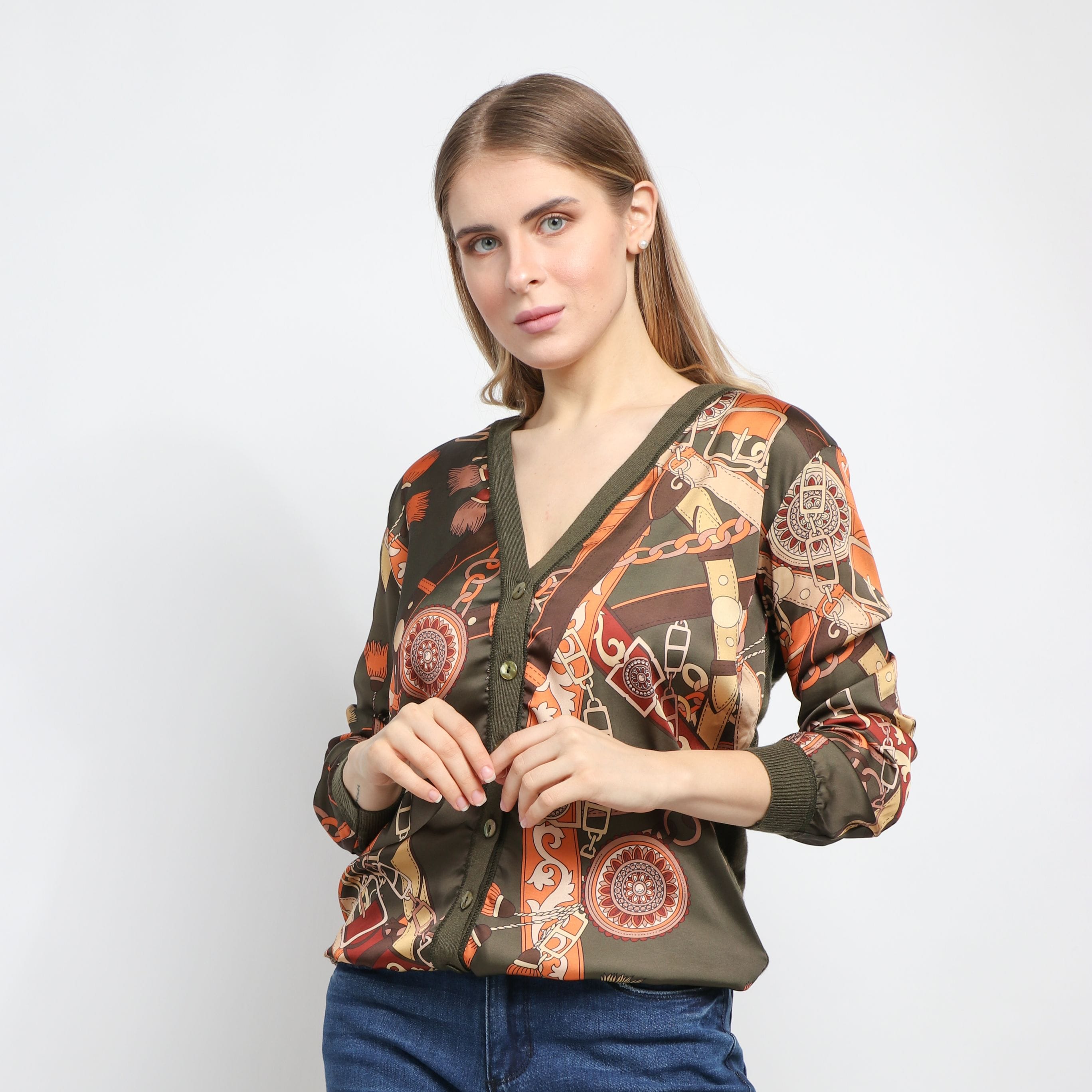 داليدرس كارديجان قصير بأزرار أمامية كم طويل نسائي كاكي/برتقالي