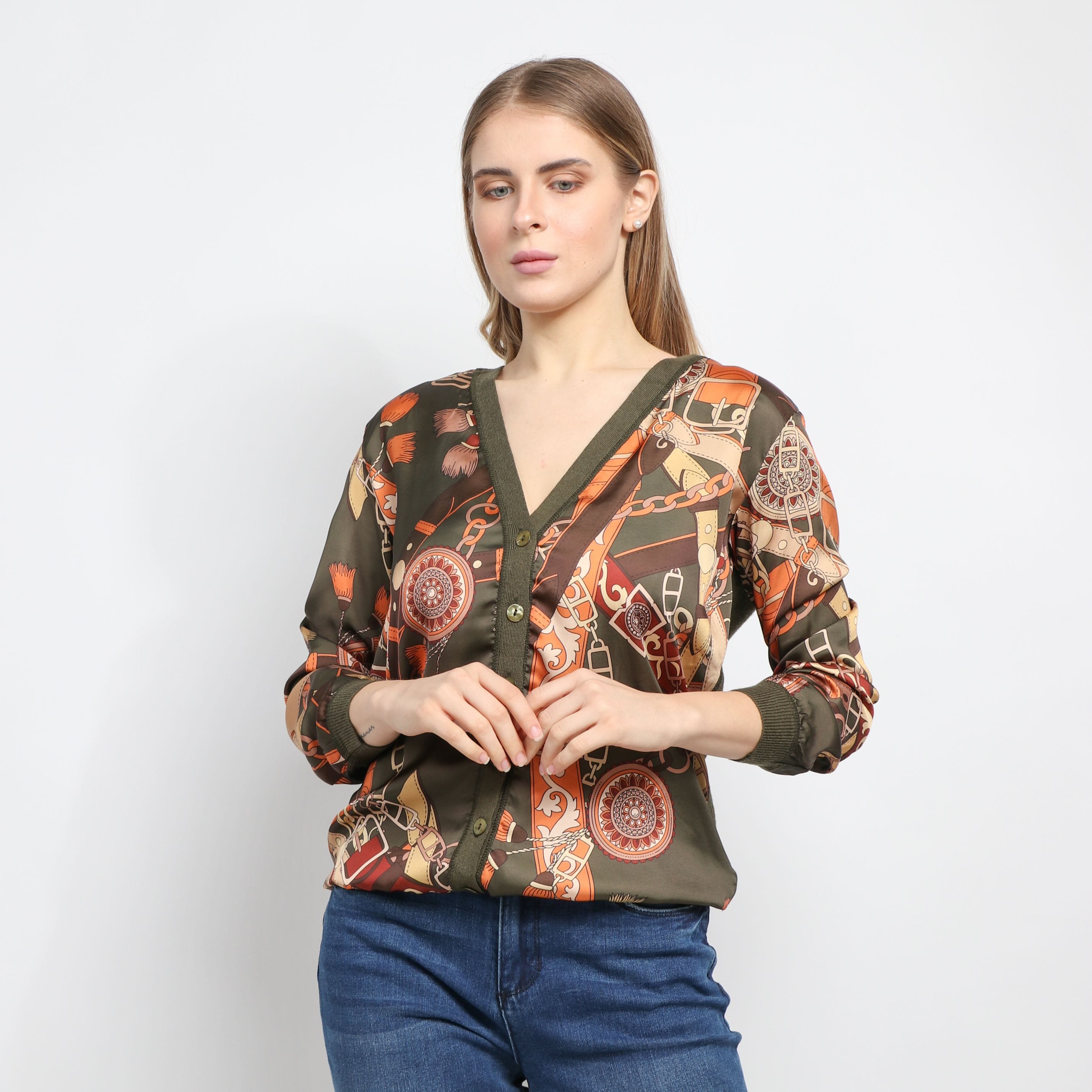 داليدرس كارديجان قصير بأزرار أمامية كم طويل نسائي كاكي/برتقالي