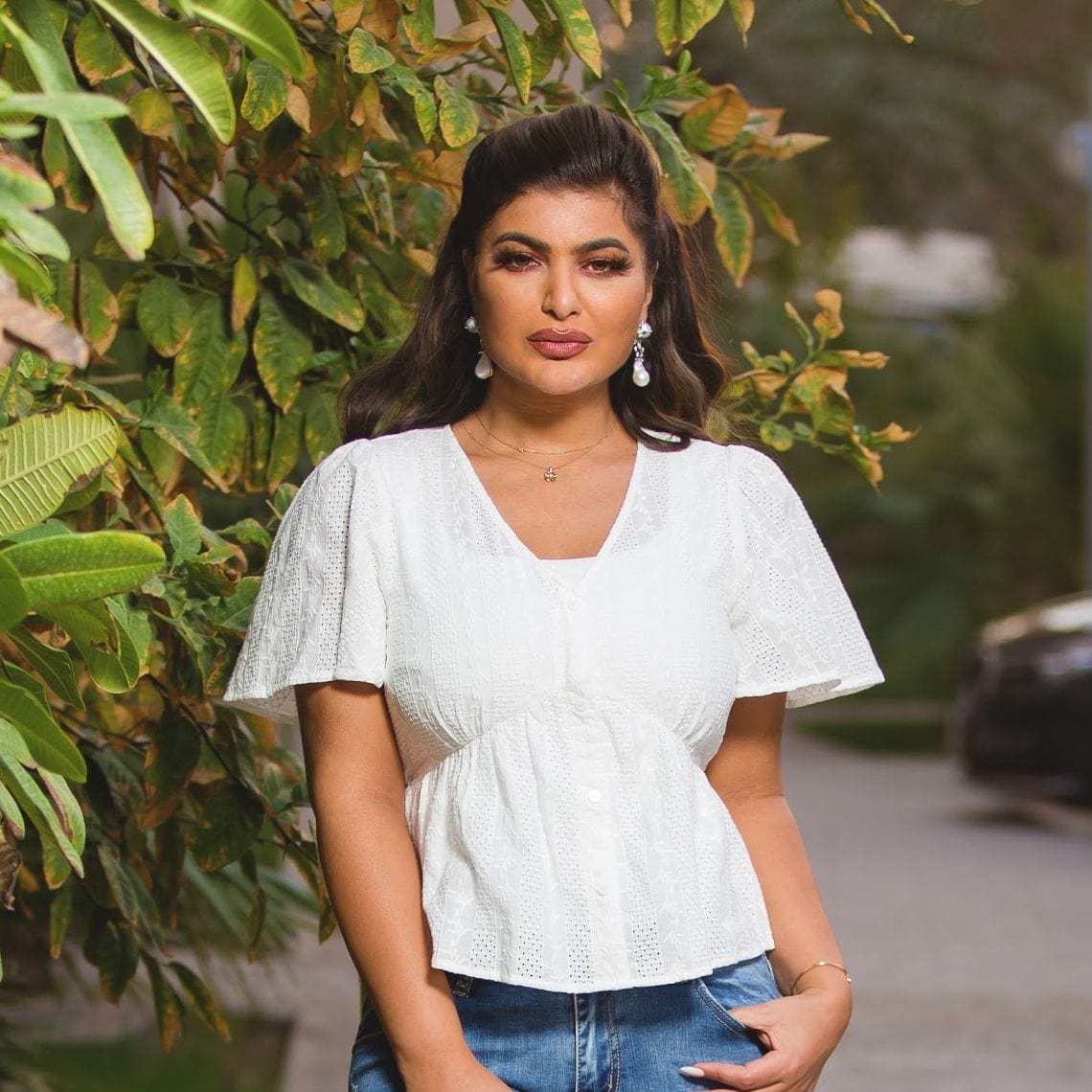 نتشي بلوزة دانتيل مخصر سبعة كم قصير واسع نسائي