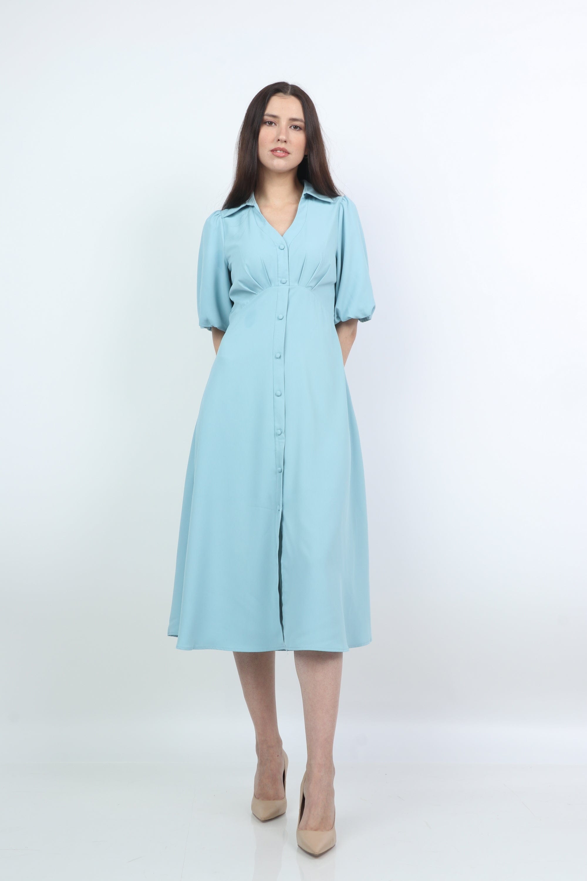 ميكا فستان ميدي سادة مخصر بأزرار أمامية كم قصير بف نسائي ازرق/زهري